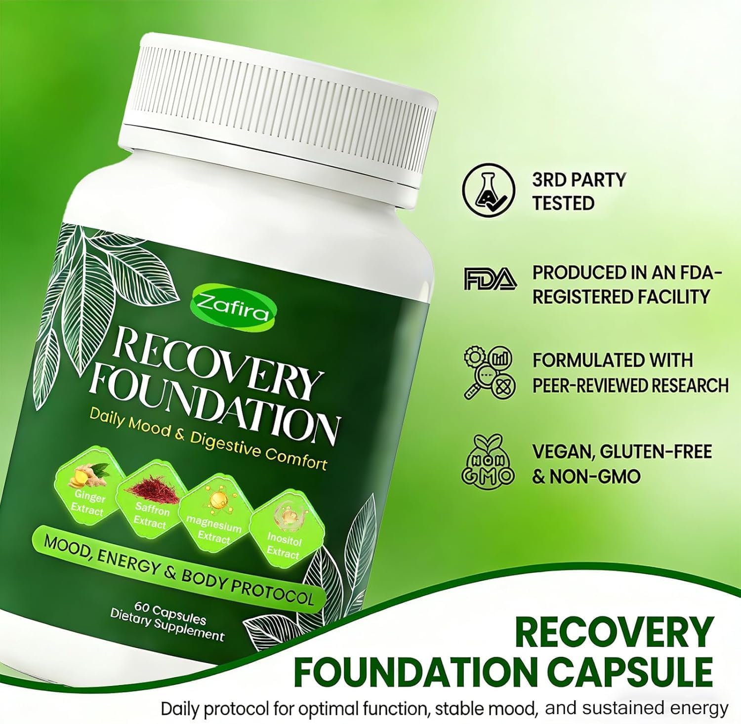 Zafira Recovery Foundation Capsules – Targets Mental Fog, Stop Hair Loss & Fix Digestion | Non-GMO, Saffron & Inositol Formula for Stress Relief – 60 Count