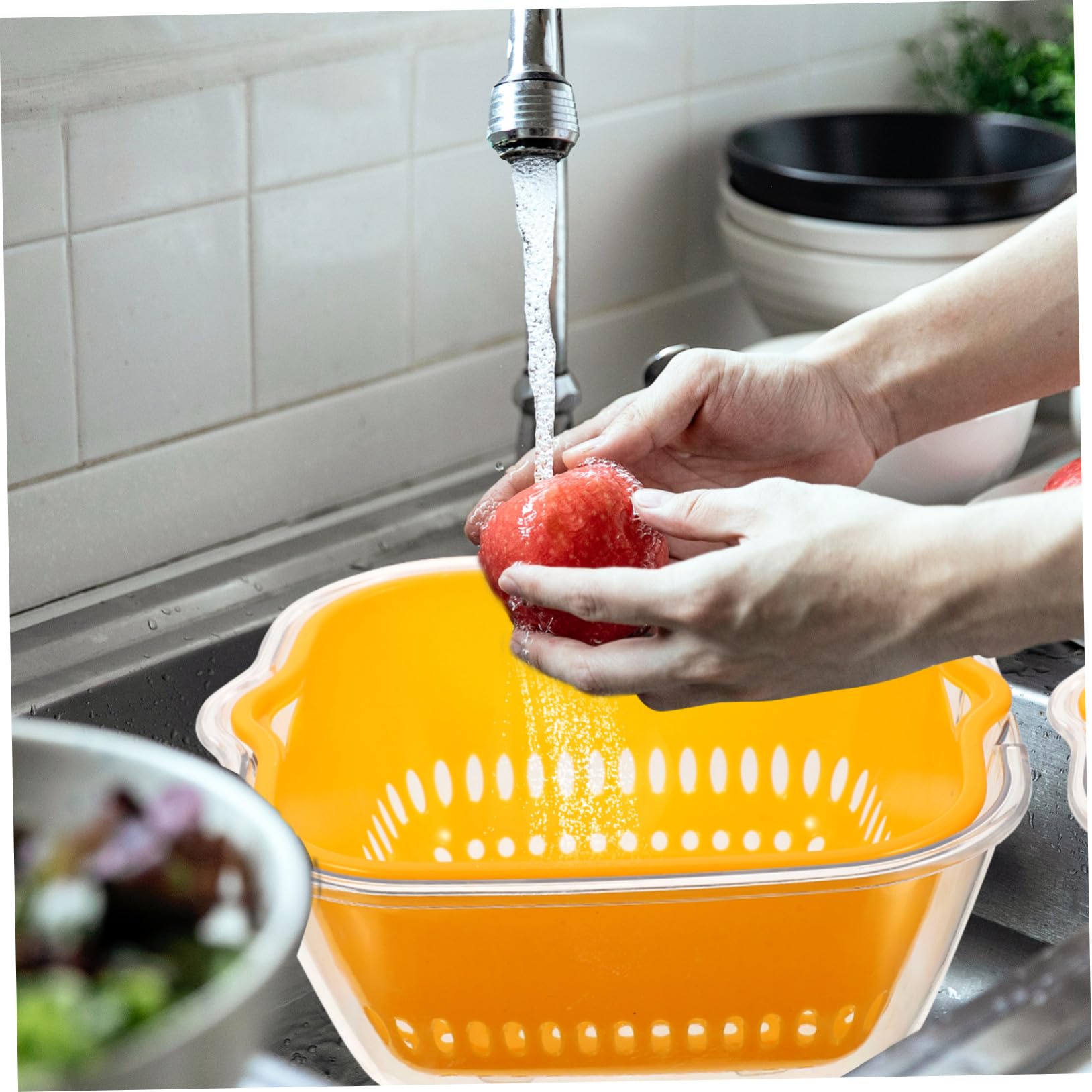 Doppelwandiger Kunststoff Siebkorb Küchen Obst Gemüse Abtropfschale Transparent Gelb Klein Mit Deckel Vielseitig Für Küchenbedarf
