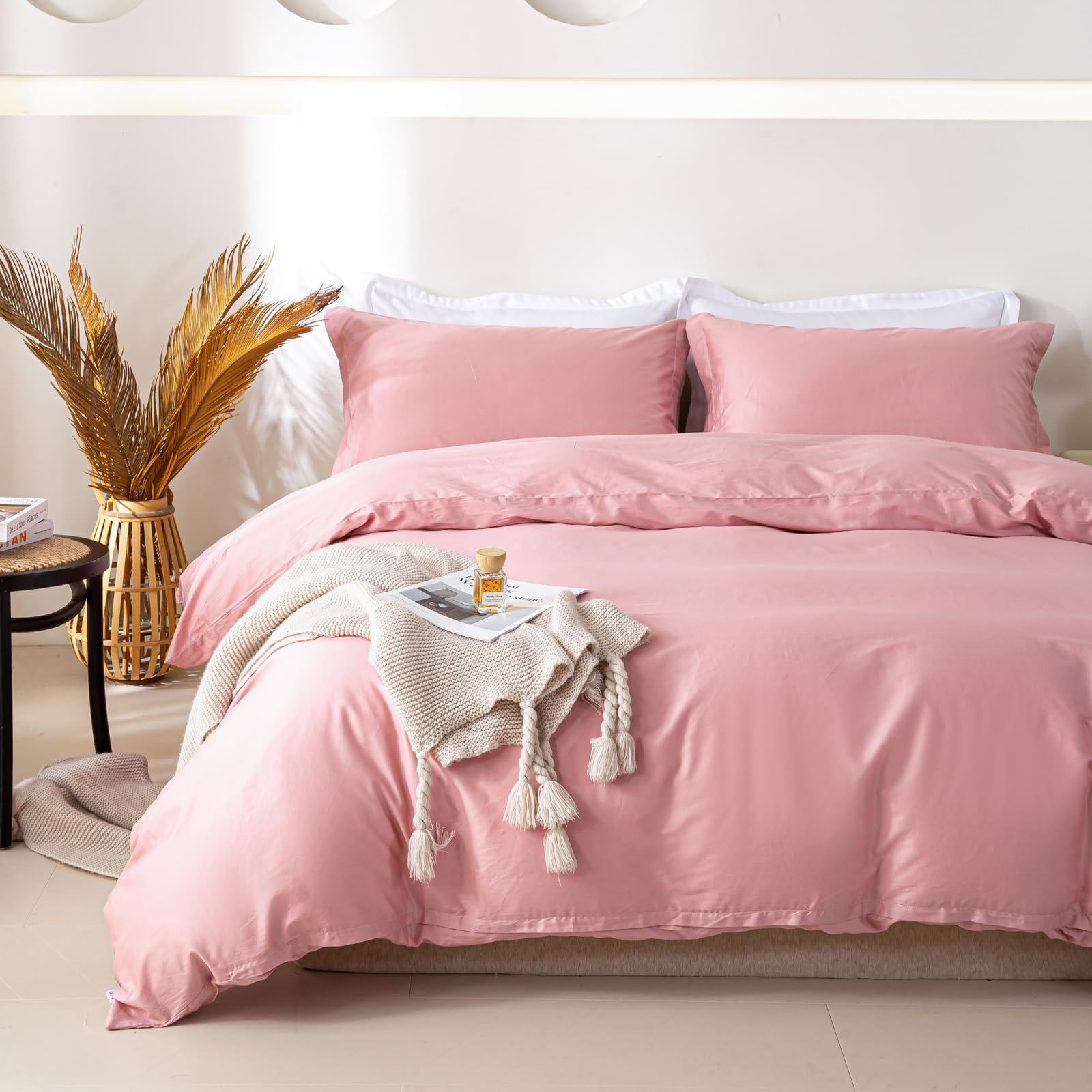 Photo 1 of OAITE Queen Washed Cotton Duvet Cover Set - Pink, 3pcs