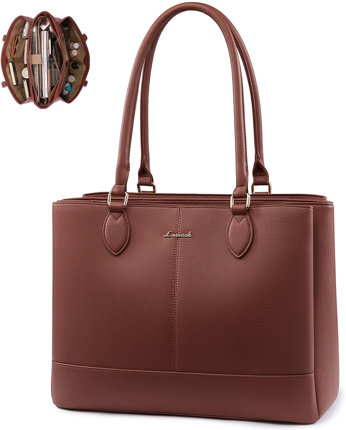 LOVEVOOK Laptop Tote Bag for Women, PU Leather Work Tote Bag with 3 Compartments, Waterproof Computer Bag for Office Travel