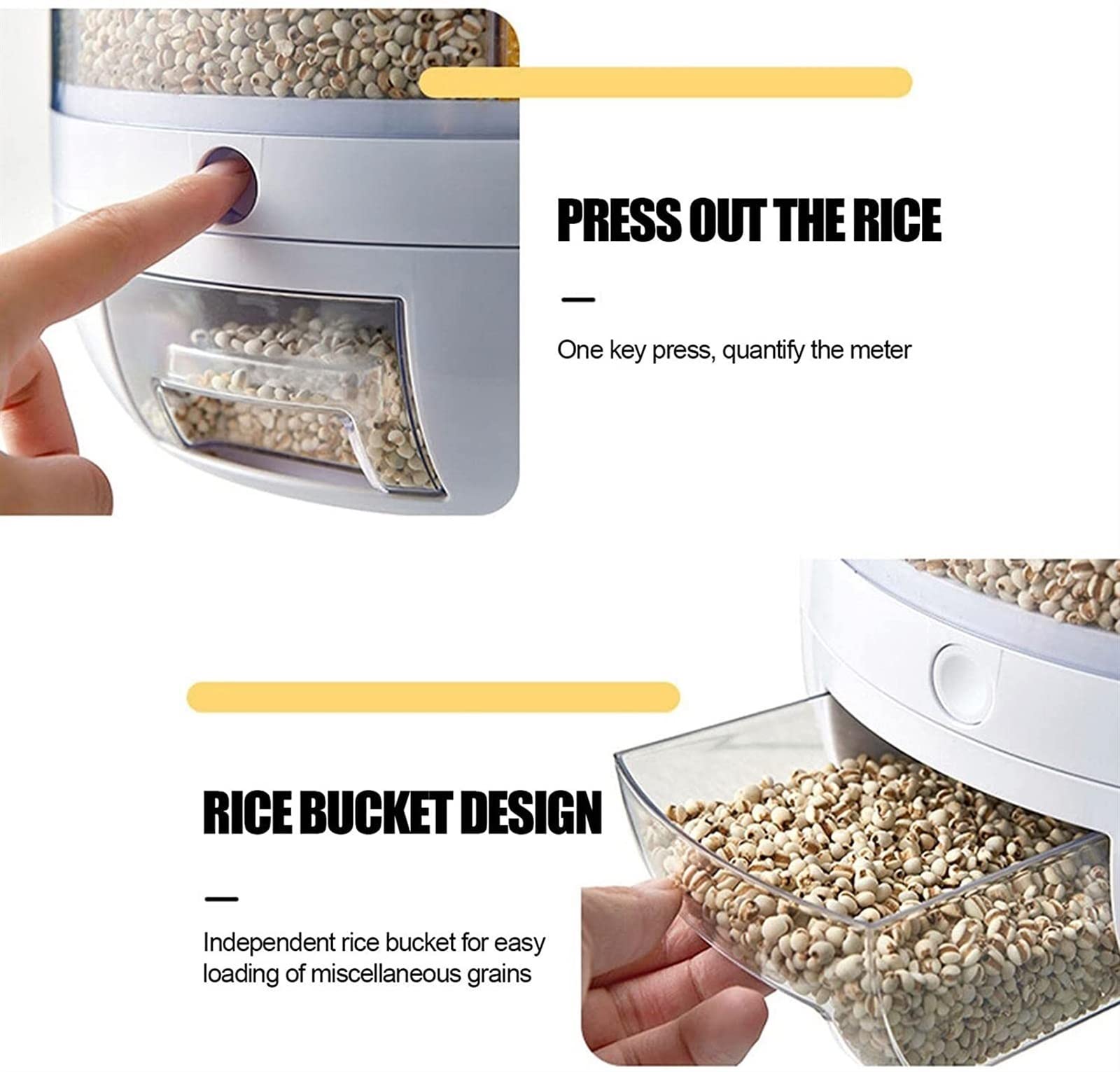 Contenitore per riso, girevole a 360°, grande capacità di 3,2 kg, 6 griglie, dispenser per alimenti rotante, visibile e rotondo, per cereali, snack, caramelle, chicchi di caffè, fai