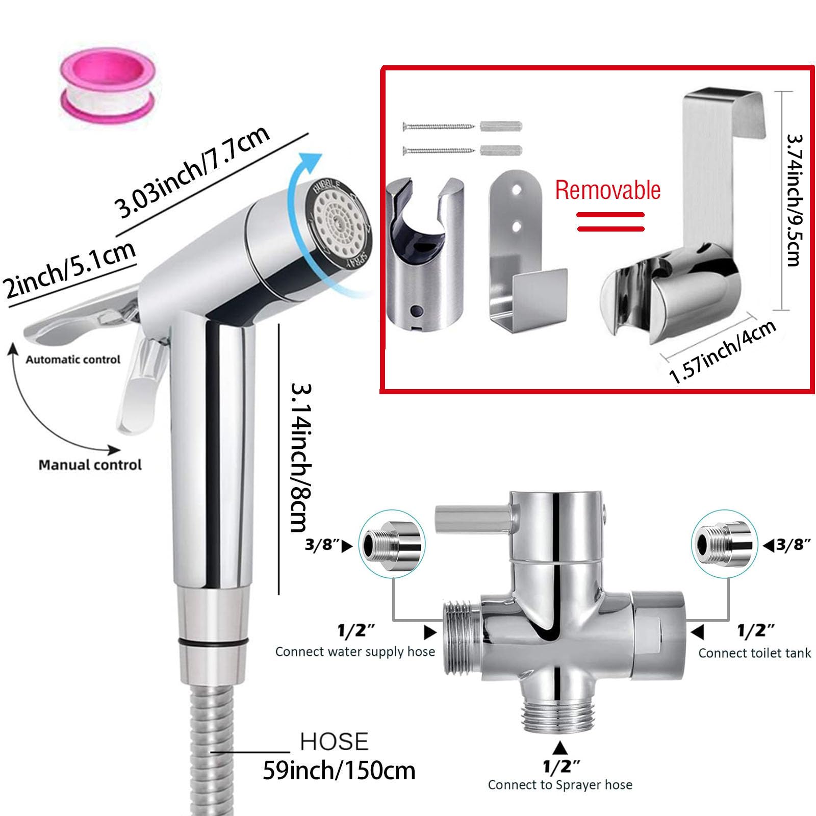 Ensemble de douchette à main pour bidet, en ABS, de qualité supérieure, avec valve G1/2" et un pulvérisateur G3/8", pour douche, salle de bain, hygiène, papier toilette, nettoyage des couches