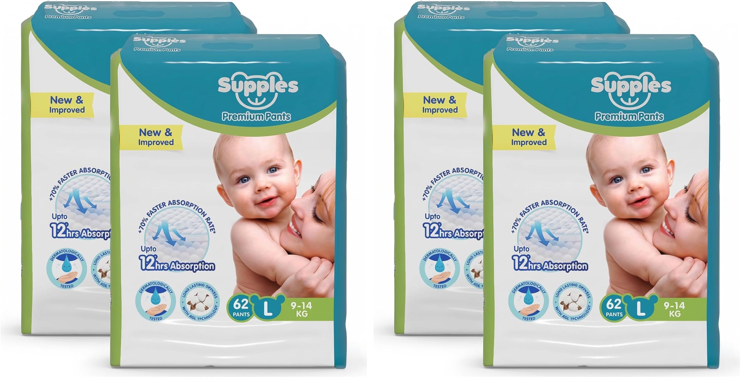 Amazon Brand - Supples Premium Baby Diaper Pants | 124 Baby Diapers | Large | 9-14 Kg | 12 Hrs Absorption | Cushiony Cotton Soft Fabric | Phthalates-Free | Triple Leak Guard | 62 Count, Pack of 4-image-39