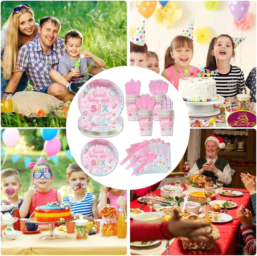 192 Pcs Sweet and Sassy Six Party Tableware Set for 24 Guests – Pink Disposable Plates,Cups,Napkins,Straws,and Cutlery – for 6th Birthday Celebrations and Candy Themed Parties