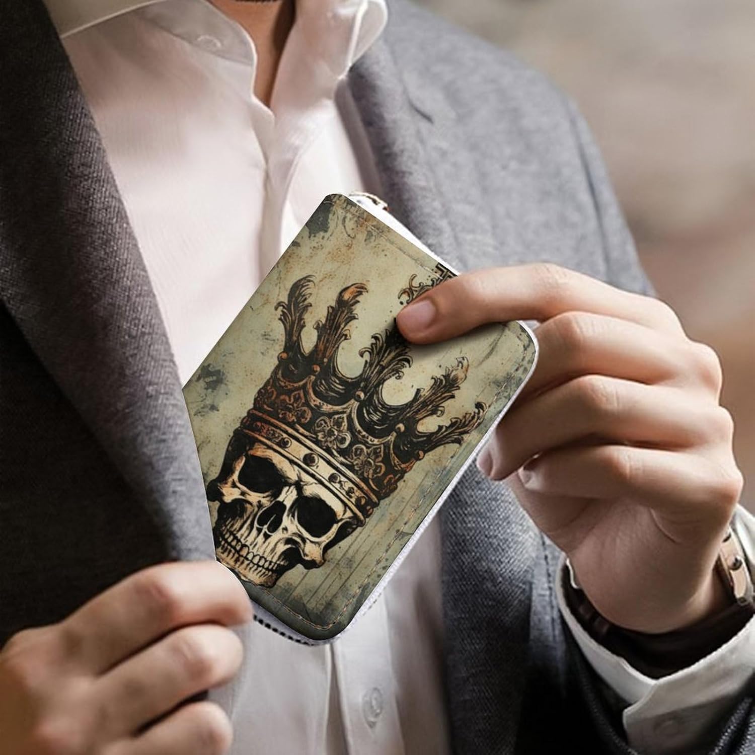 Leather Card Organizer Case Card Wallet Credit Card Holder Elegant Skull Crown Printed Zipper Card Cases Holder for Women Men