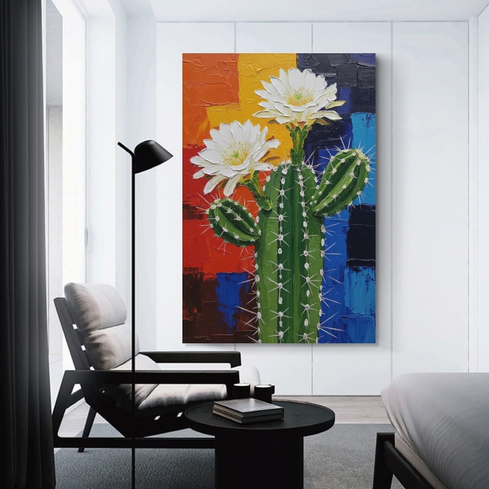 Junmoney Unframe-Style-10 Blooming Cactus Painting With Colorful Background Wall Picture Print, 08X12inch(20X30cm), For Lounge, Study, Hallway Or Flat Walls, Canvas Wall Art That Fits Changing Layouts