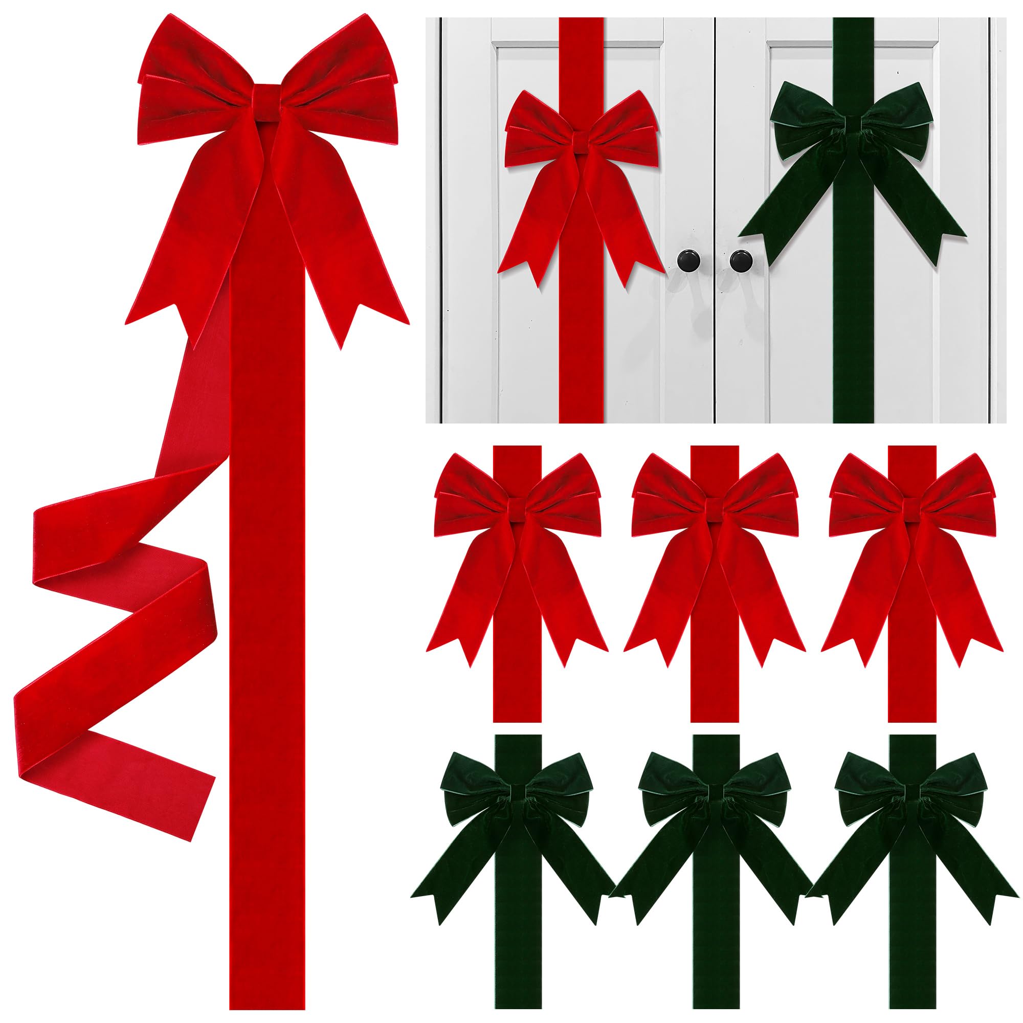 Aneco Confezione da 6 fiocchi e fiocchi natalizi per porte, grandi fiocchi natalizi in velluto per porte, armadietti, mobili, decorazioni per feste di Natale, rosso e verde