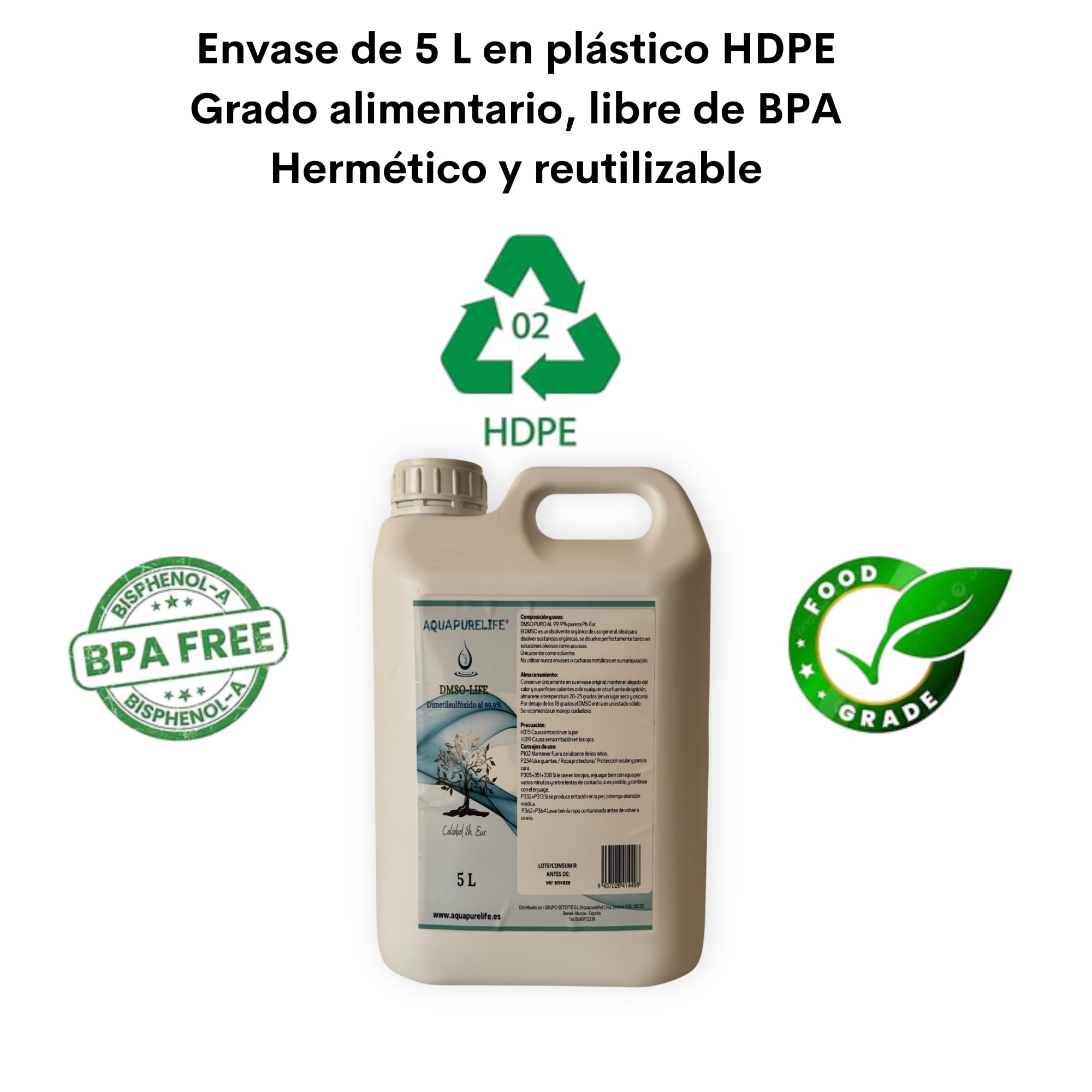 AGUAPURELIFE DMSO 99.9 Pure HDPE Kanister, hochwertiges Dimethylsulfoxid, ideal zum Mischen und Verdünnen, Format 5 Liter