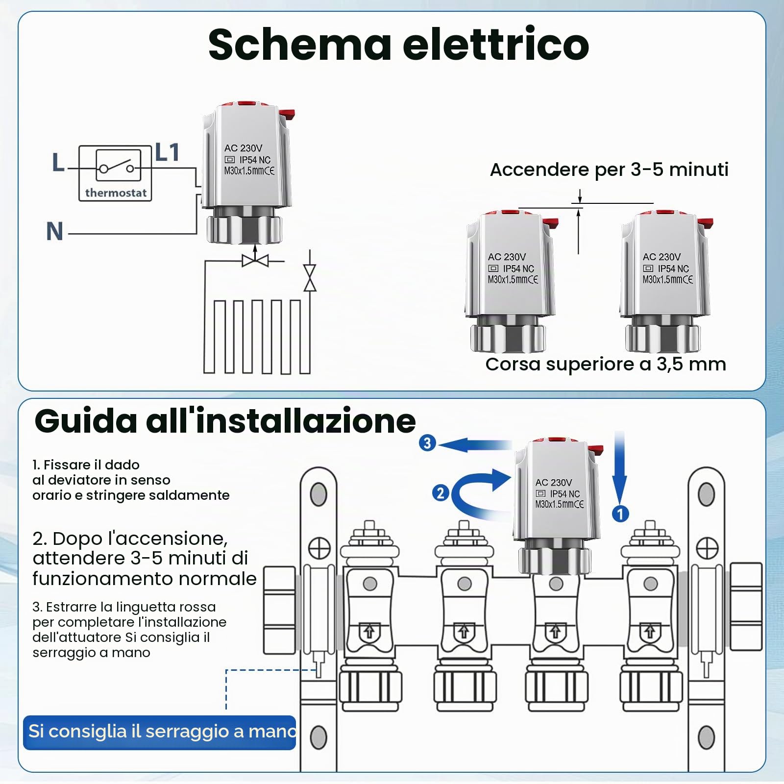 Attuatore AC 230 V per riscaldamento a pavimento, attuatore termico elettrico M30 x 1,5 mm, attuatore per valvola di riscaldamento a pavimento, attuatore per la maggior parte dei collettori per il