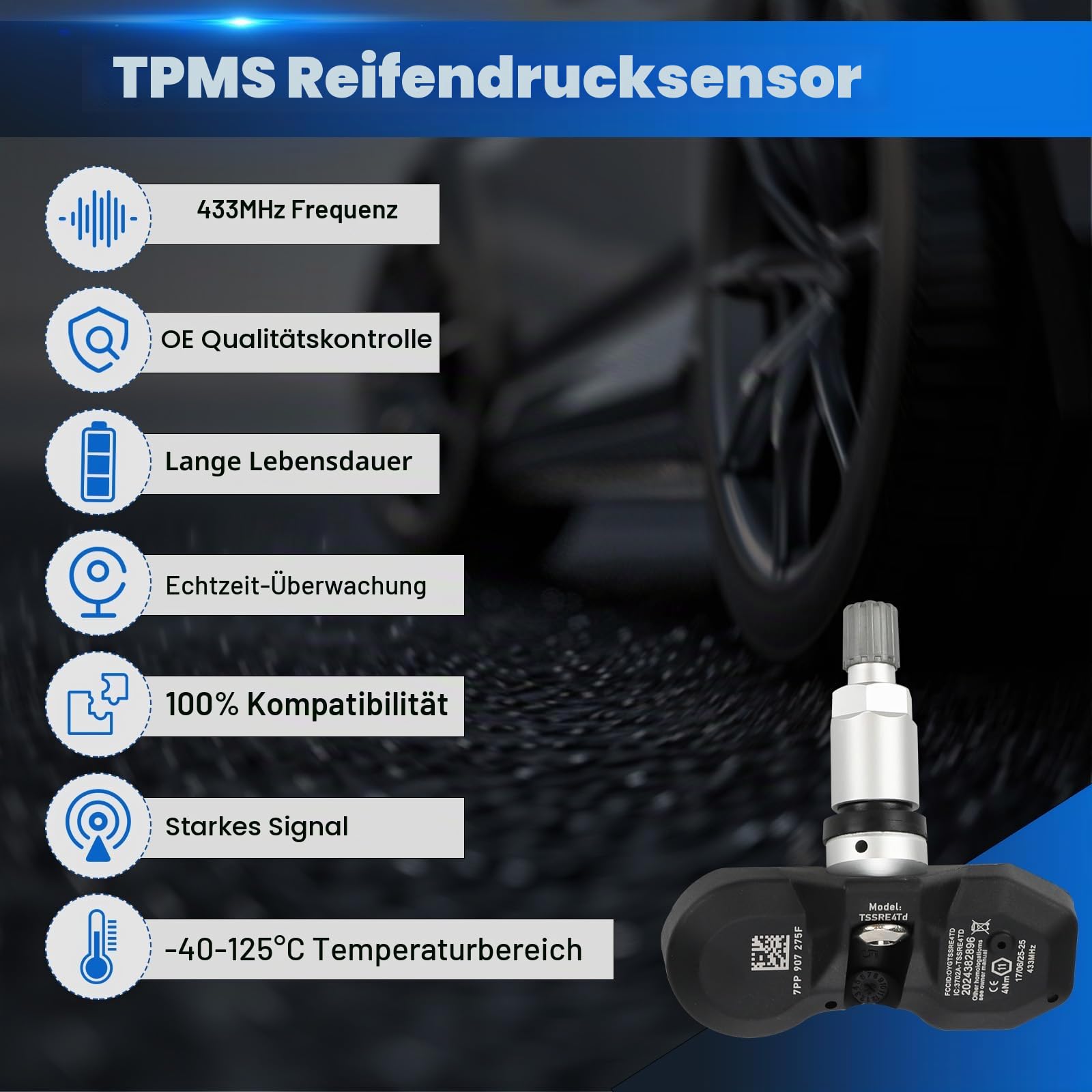 Reifendrucksensor Kompatibel mit Porsche 991 997 981 A-udi | RDKS TPMS Reifendruckkontrolle Sensor Kompatibel mit A-udi A6 A8 Q7 R8 A4 RS4 RS6 7PP907275F 4 Stück
