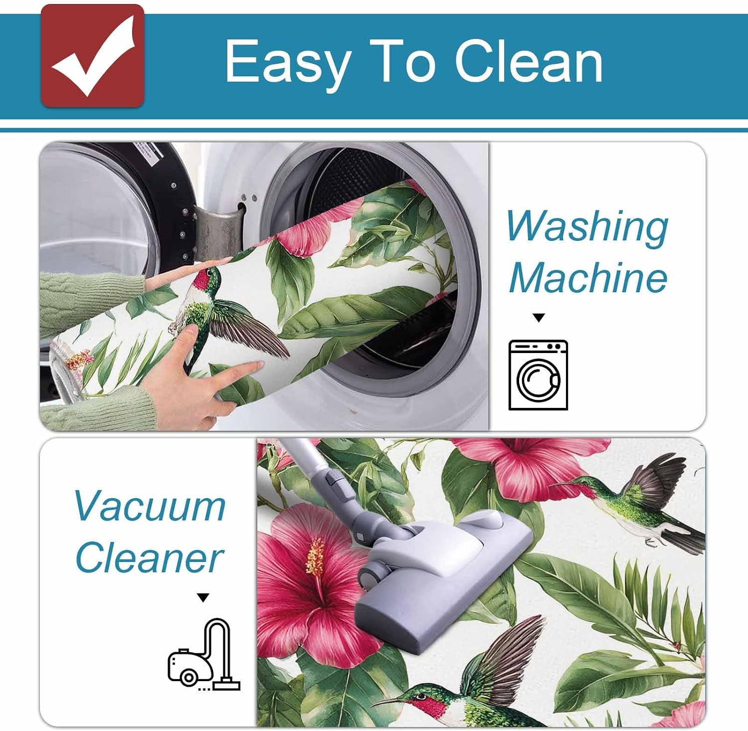 Red Flower Kitchen Mats Set of 2 Tropical Botanical Hibiscus Green Leaf Summer Non Slip Mat Washable Floor Rug for Kitchen Sink Floor Laundry, 19.7"x31.5"+19.7"x63"