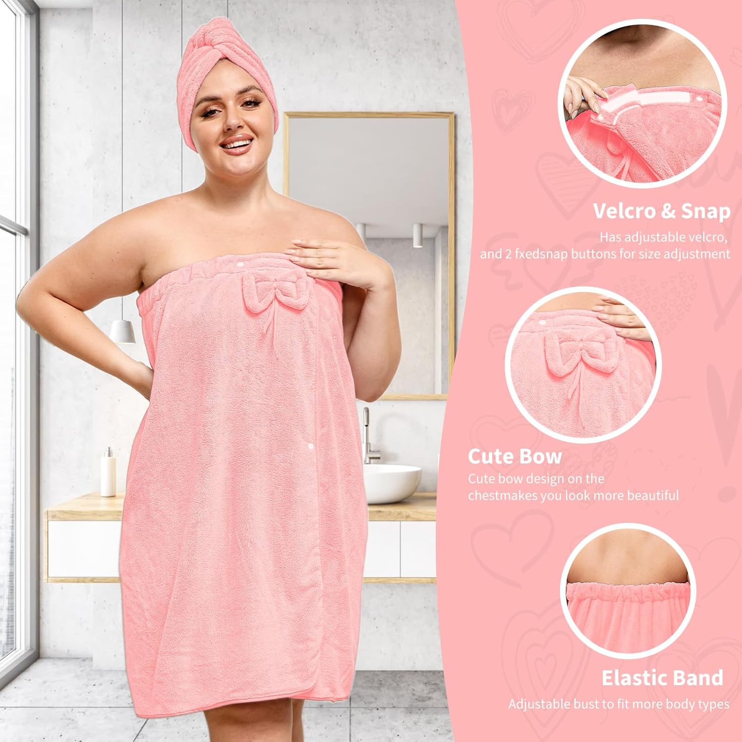 Plus Size Towel Wrap with Hair Towel for Women,Women Shower Wrap Spa Bathrobe Comfortable Bath Towels Body Wrap Adjustable + Hair Drying Towel,Pink XL-XXL - Image 4