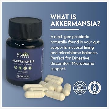 HAZEL'S Choice akkermansia probiotic 30 Capsule Bottle Vegan - Non-GMO - No Refrigeration Needed - No Preservatives probiotico akkermansia Gut-Friendly Daily Routine