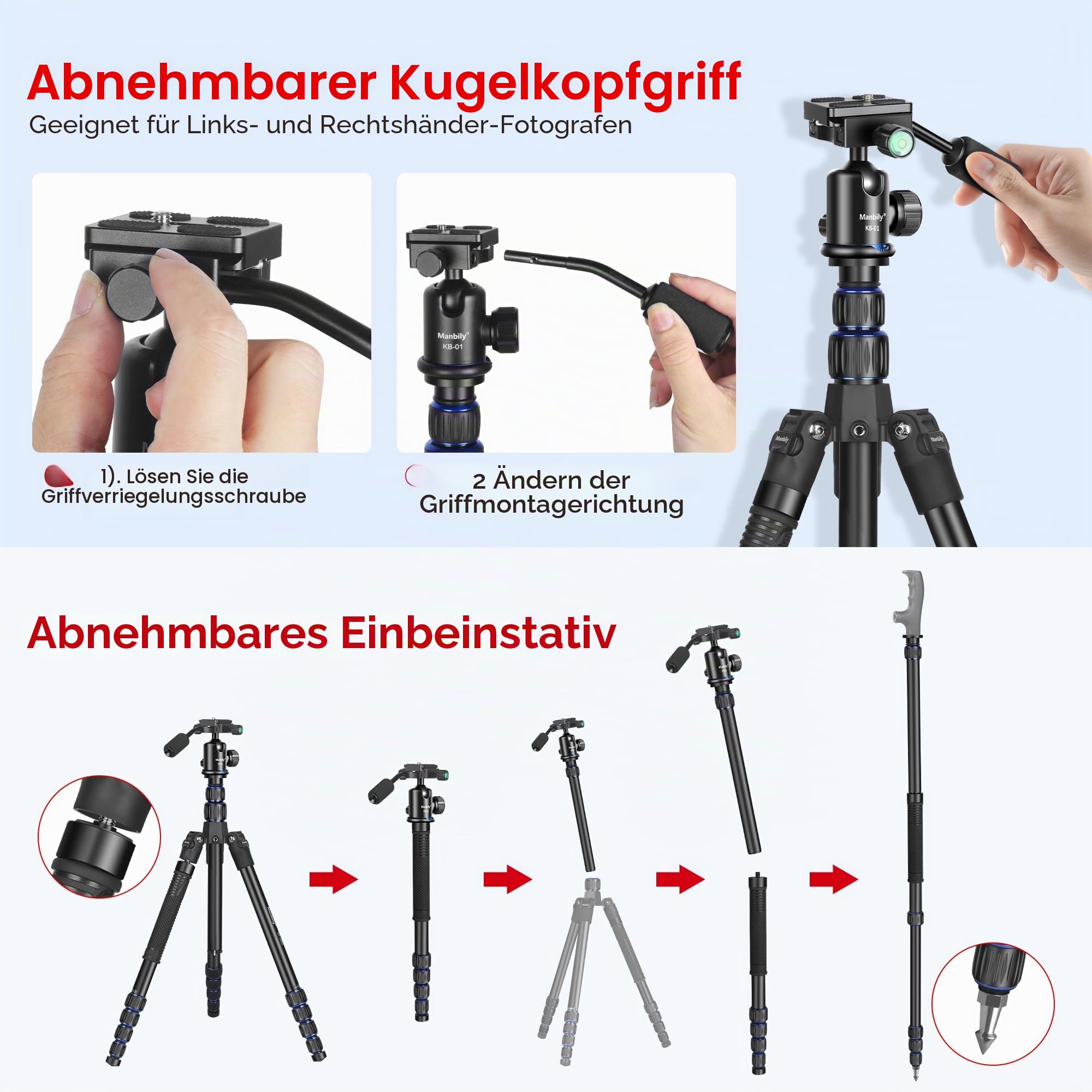 Stativ Kamera Manbily 188cm 74" Dreibein stative Leichtes Kompaktstativ 360° Kugelkopf mit Griff für DSLR Kamera Einbeinstativ Reisestativ aus Aluminium 1/4'' Gewinde Projektor Video Fotostativ Vlog