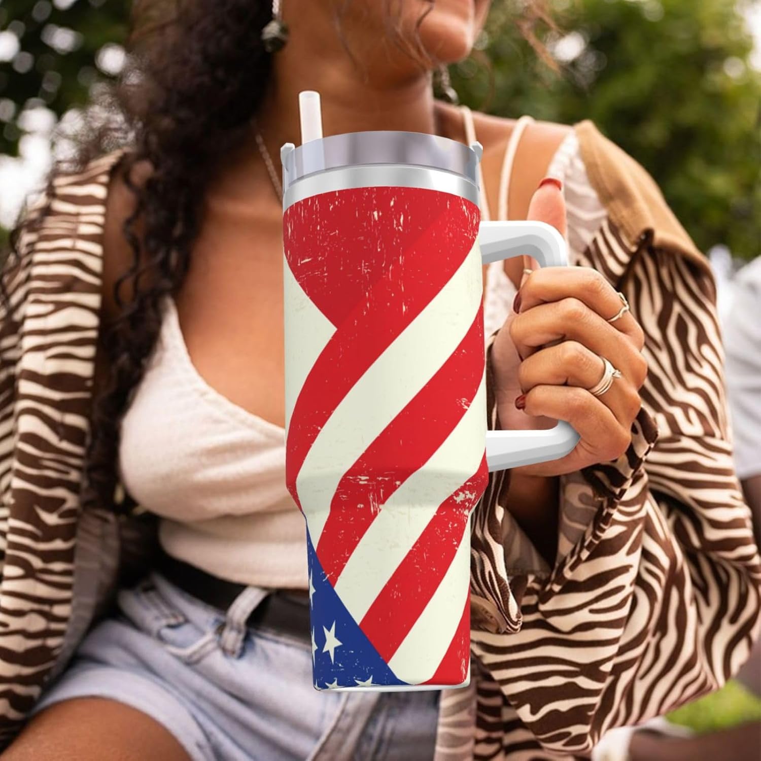 40 OZ Mexican American Flag Print Ice Bully Cup with Handle Straw Lid Straw,Stainless Steel Tumbler Coffee Cup