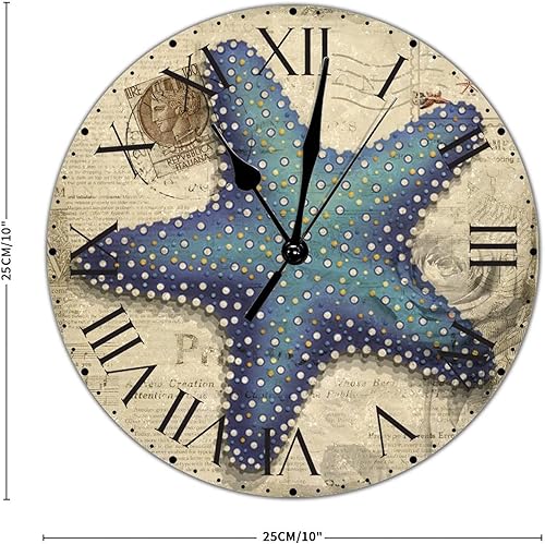 Miniatura 2 de ArogGeld Reloj de pared colgante con diseño de estrella de mar antigua francesa de PVC con números romanos de 10 pulgadas funciona con pilas para