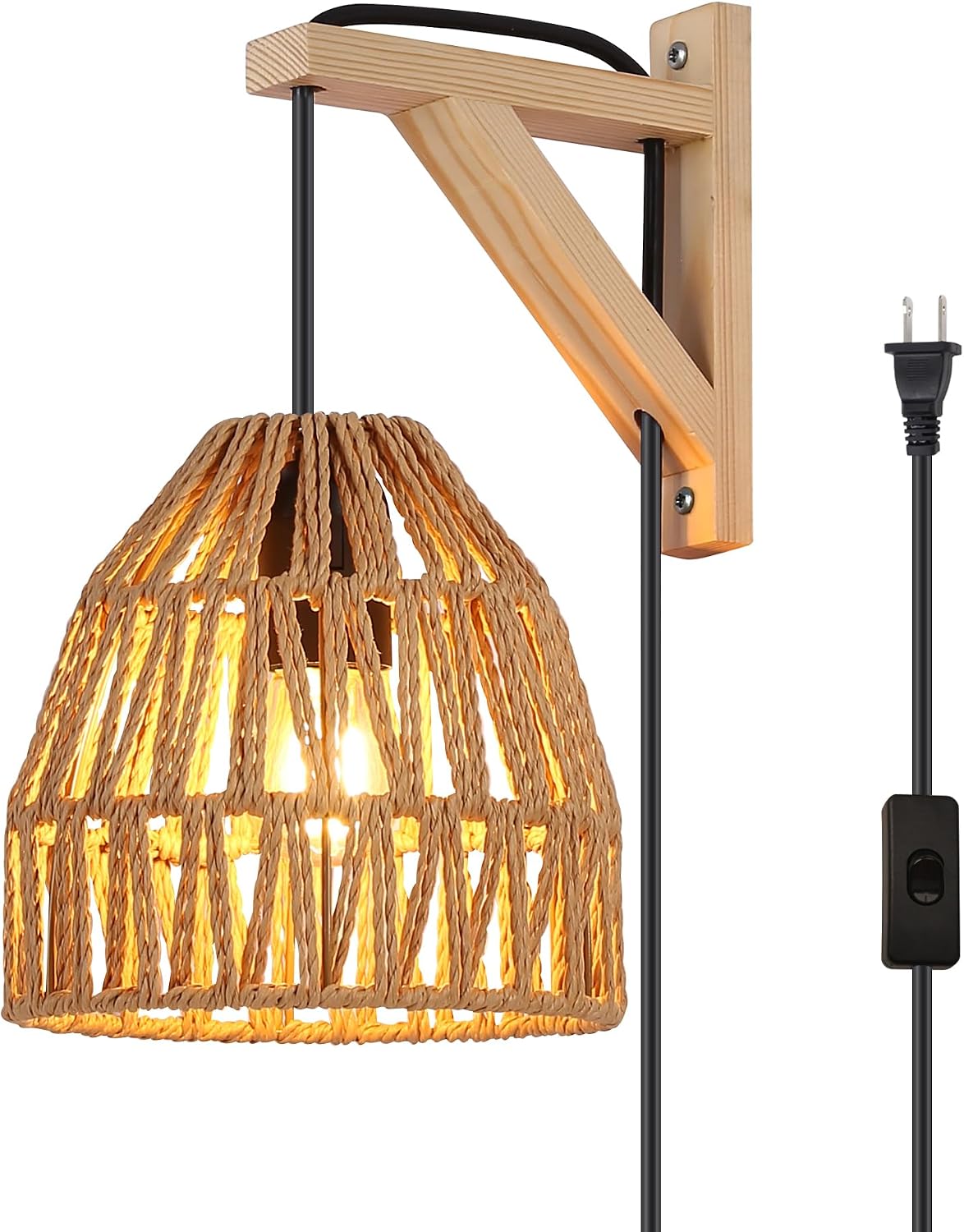 Applique Murale Vintage Rotin & Bois - Luminaire E27 Pour Salon Ou Chambre