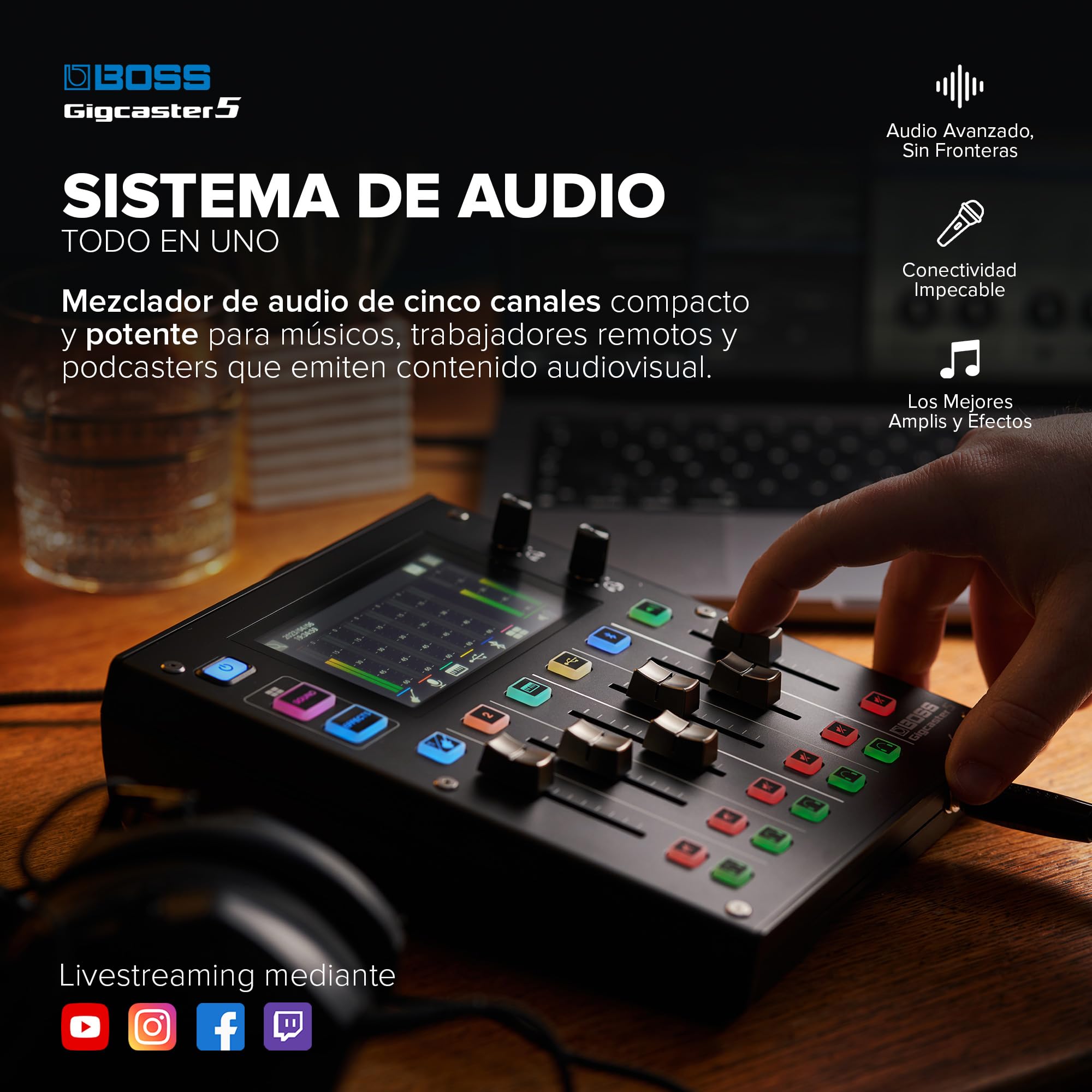 BOSS Gigcaster 5 | Compacto mezclador de streaming de audio de 5 canales con entrada directa de guitarra/bajo | 2 entradas de micro XLR | Entrada de línea estéreo | 8 pads SFX de pantalla táctil