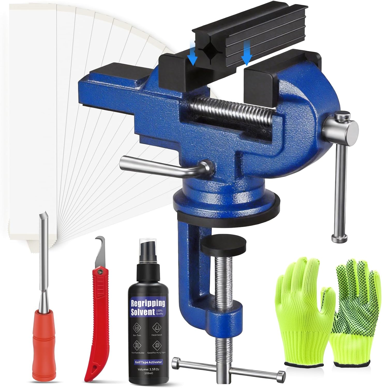 Golf Grip Kit for Regripping Golf Club, Golf Grip Removal Tool with Portable Vise Clamp, Solvent, 15 Double-Sided Tapes (2"x10"), Hook Knife & Tape Remover & Rubber Sleeve – DIY Golf Club Repair Kit