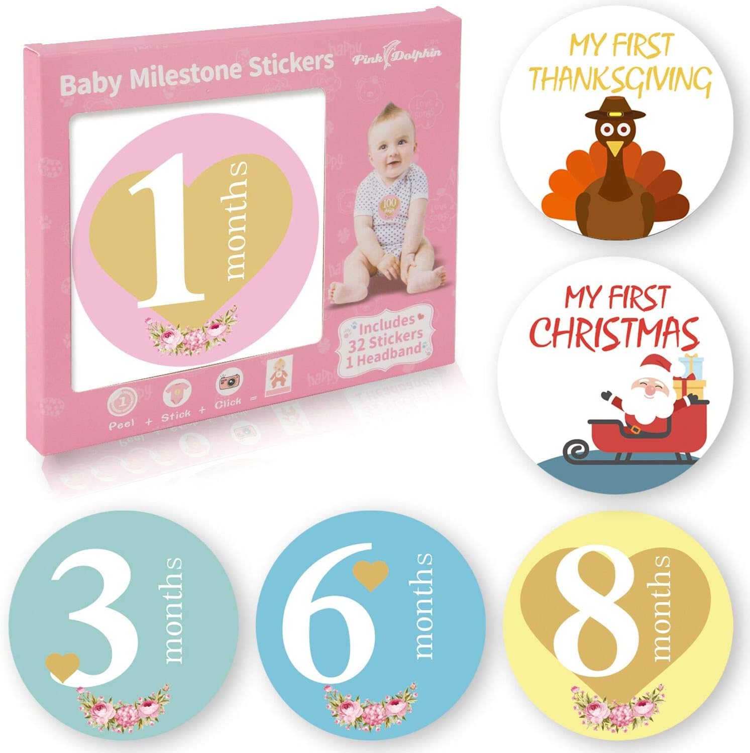 32 Pack Baby Monthly Milestone Stickers for Boys & Girls First Year (Free Headband Included) โ Best Baby Shower Registry Gift or Scrapbook Photo Keepsake