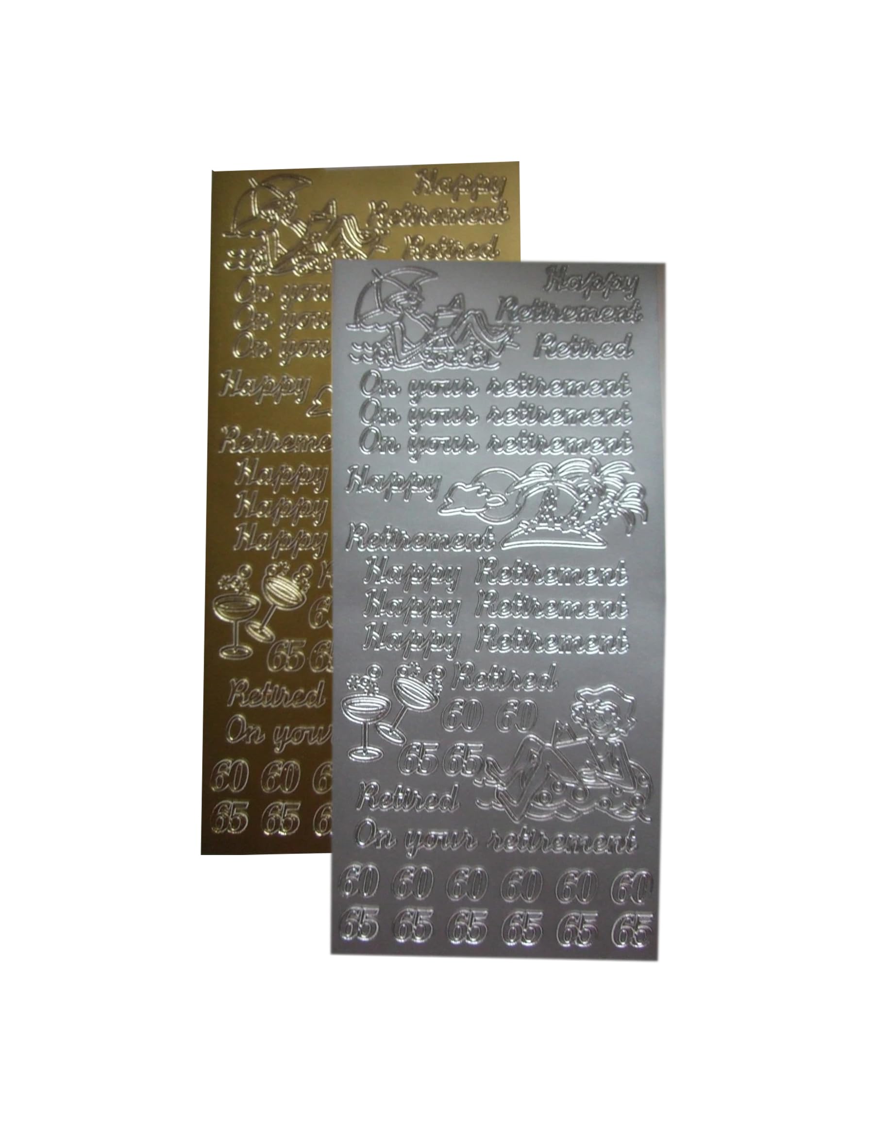 Vsorce4u 2 x Gold & Silver Sheets - Happy Retirement - Peel Off Sticker Sheet for Crafting, Card Making, Scrapbooking, Art & Craft
