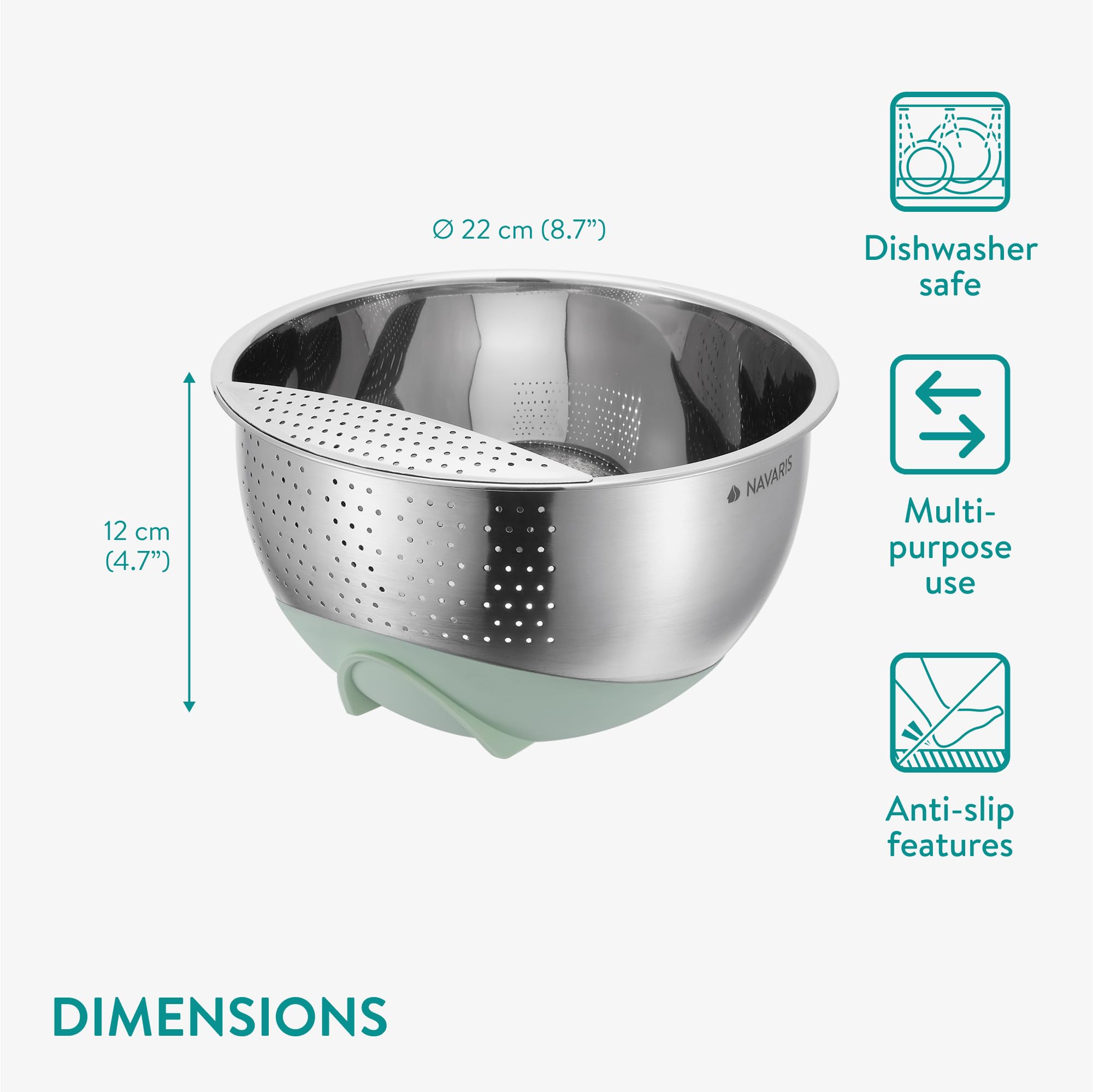 Navaris durszlak ze stali szlachetnej - Ø 22 cm - metalowy durszlak z silikonowym dnem - nadaje się do makaronu, spaghetti warzyw, ryżu - miętowa zieleń