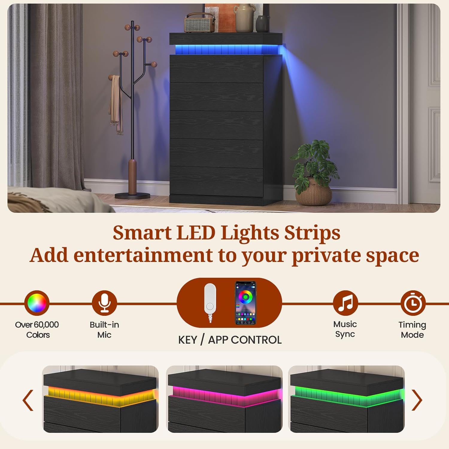 Dresser with LED lights displaying various colors
