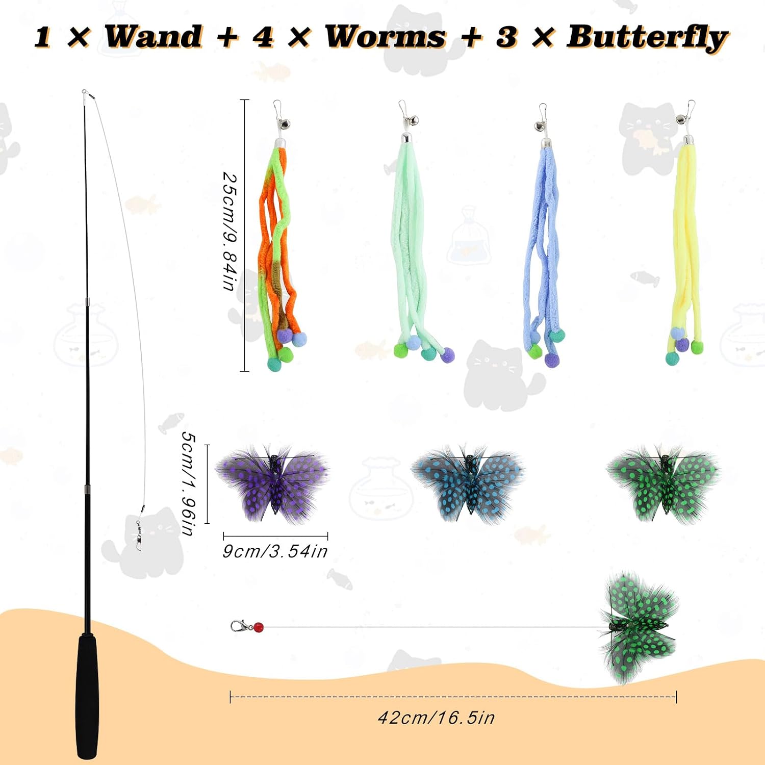 FuninCrea 8 PCS Interactive Cat Wand Toy Set, 1 Retractable Cat Wand & 7 Attachments, Realistic Butterfly Cat Feather Toy Refill Cat Worm Toy with Bell for Indoor Cats & Kittens (8 PCS, Set A) image 2