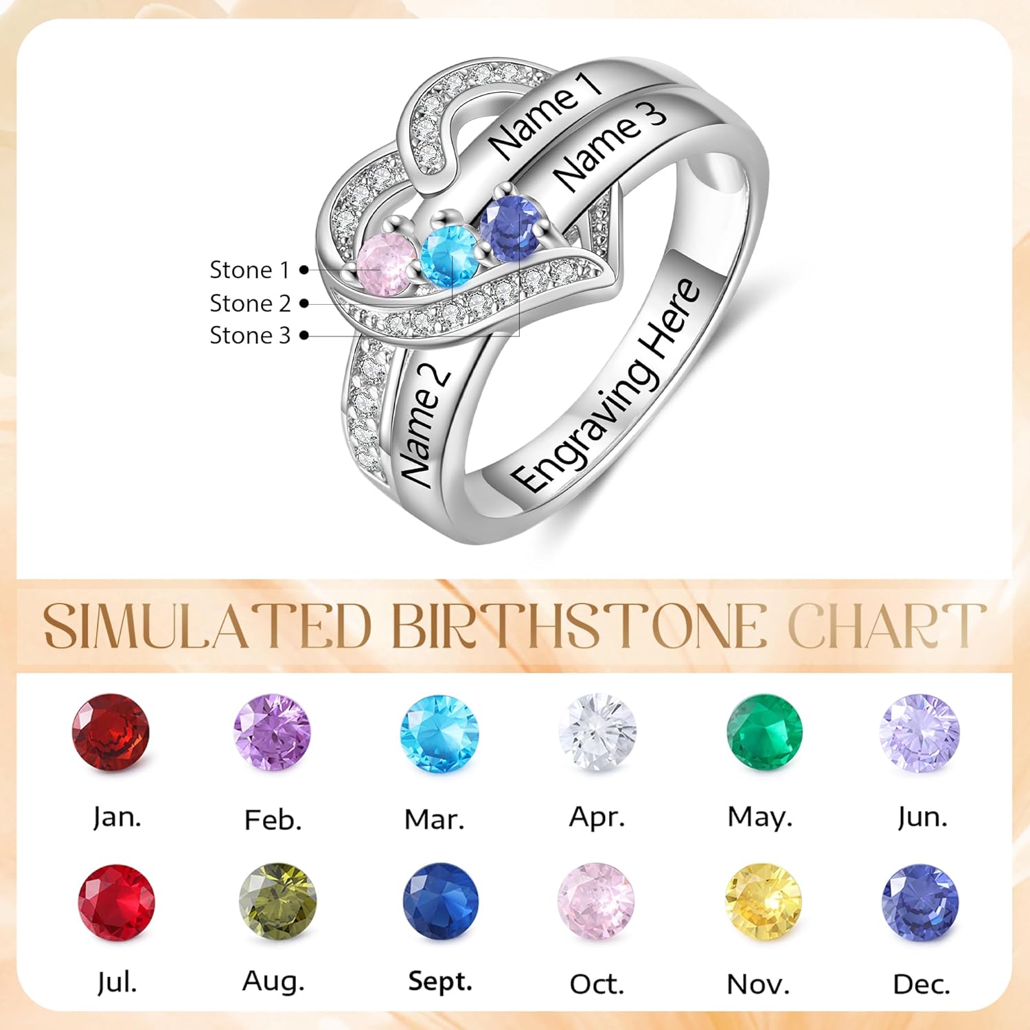 Custom Name Birthstone Rings for Women, 925 Sterling Silver Personalized Mothers Ring with 1-7 Birthstones, Promise Rings for Her Mother’s Day, Birthday, Christmas Gifts for Mom Wife Grandma
