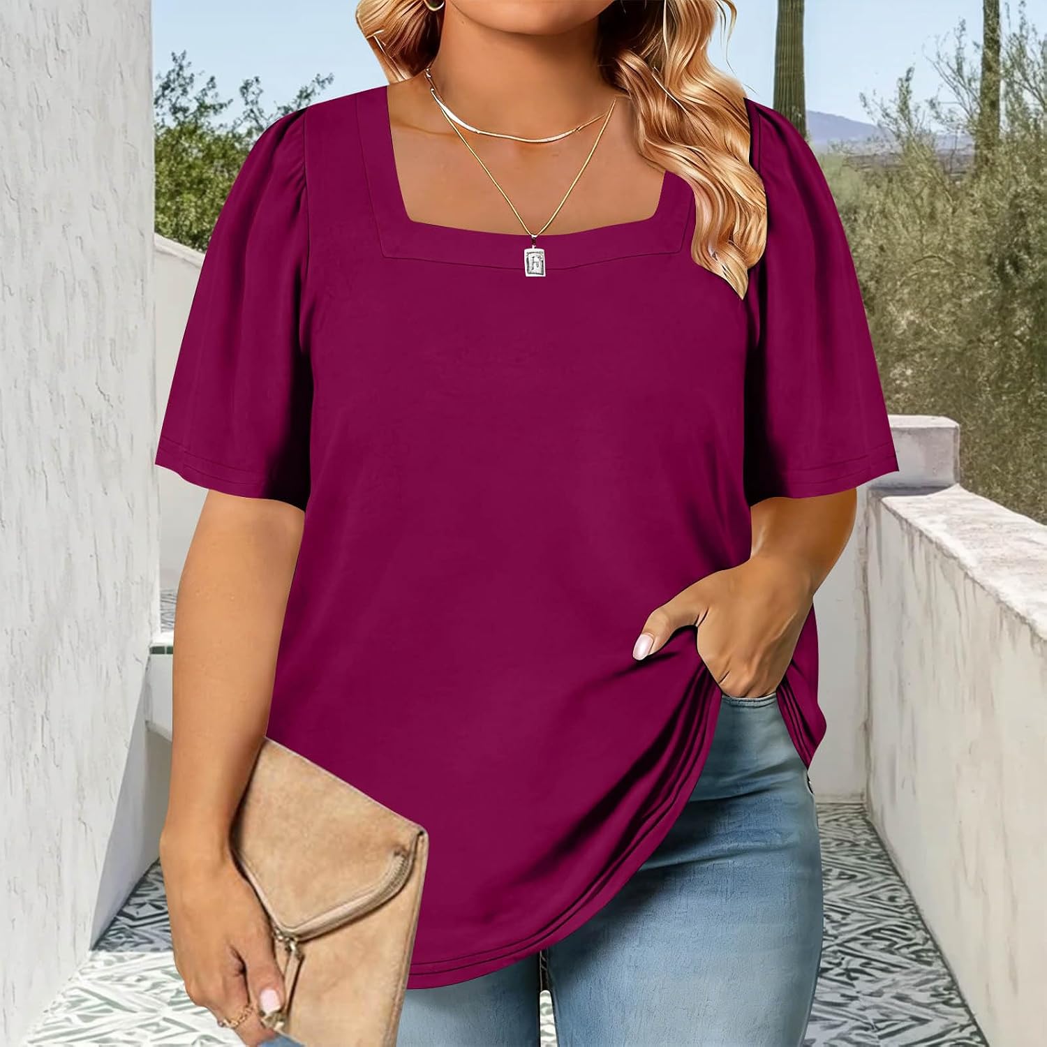 Plus Size Tunic Tops for Women Square Neck Casual Short Pleated Sleeve Oversized Comfort T Shirt Blouses