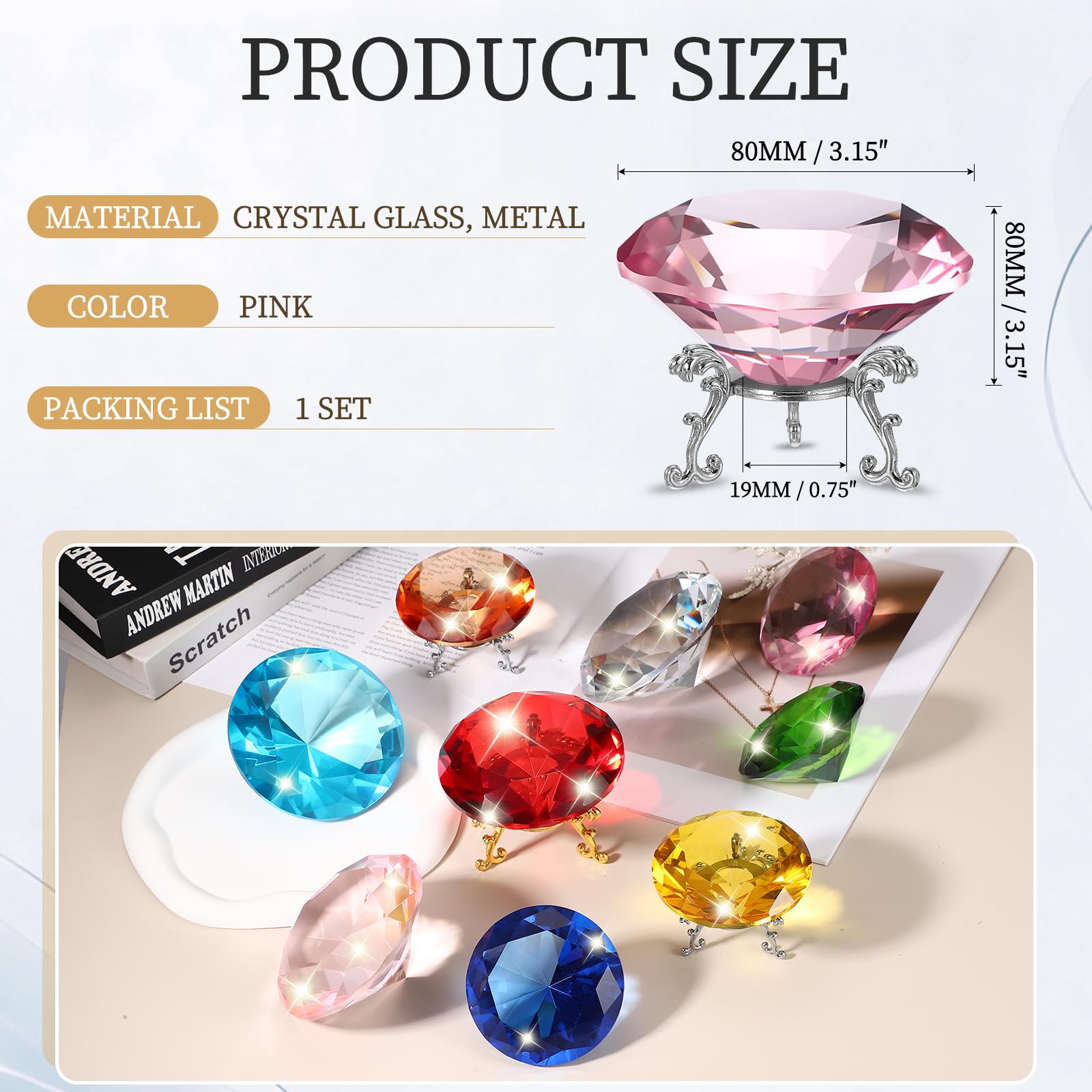 PATIKIL Presse-Papier En Cristal Diamant, 80mm / 3.15" Presse-Papier En Cristal Avec Base Métallique Argentée 19mm Pour Décoration De Bureau À Domicile, Mariage, Fête, Rose