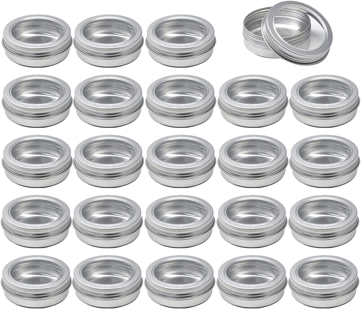 Cosmetics jars, 24 Pcs 150ml Empty Round Silver Aluminum Tins Cans Jars with Screw Lids Clear Window(60ml)