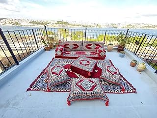 Maroon Arabic Floor Sofa Seating Set, Floor Cushions, Traditional Floor Couches, Ottoman Couch, Loveseats, Arabic Majlis, Sectional Sofa (Sofa + Rug + Ottoman)