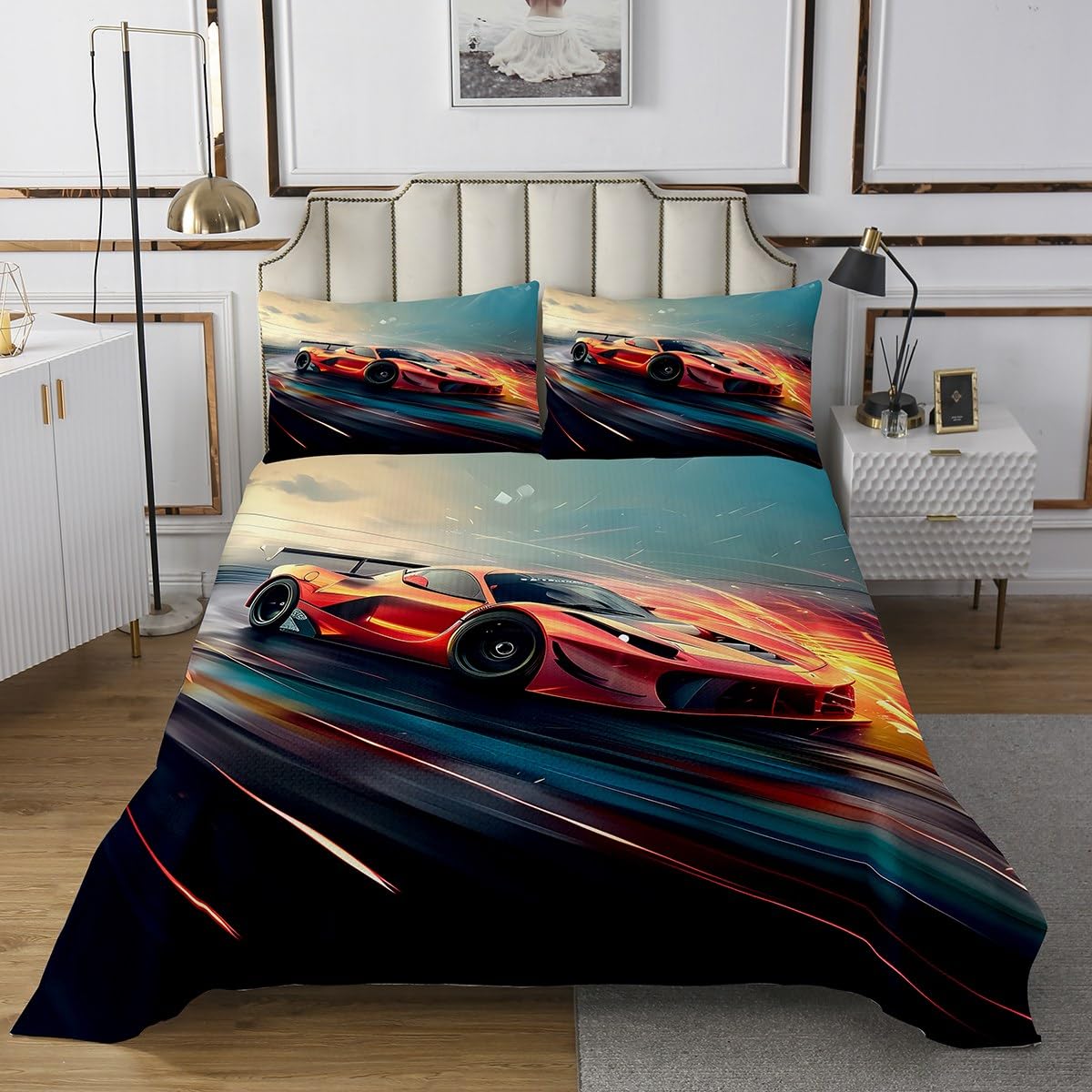 Feelyou Race Car Bedspread Twin Size, Racing Car Coverlet Set Kids Toddler Racing Sports Car Quilted Coverlet Sports Car Quilted 2Pcs