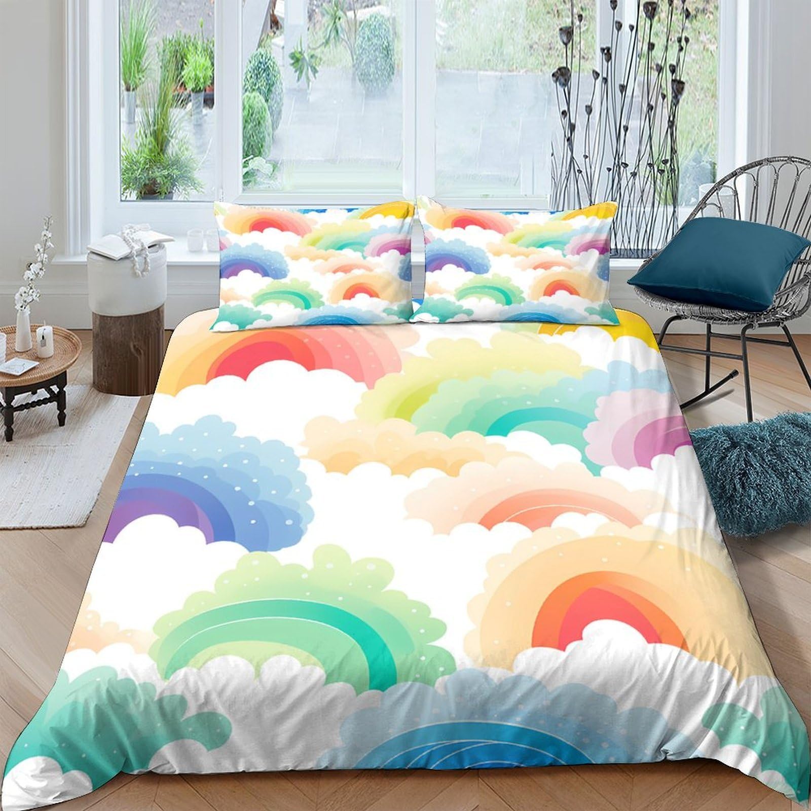 Ctjqhvkz Style-2 3D Printed Rainbow Clouds Fitted Sheet Microfiber Soft Vibrant Pastel Bed Cover For Bedroom Dorm Mattress Protection Decor Single（135X200cm）