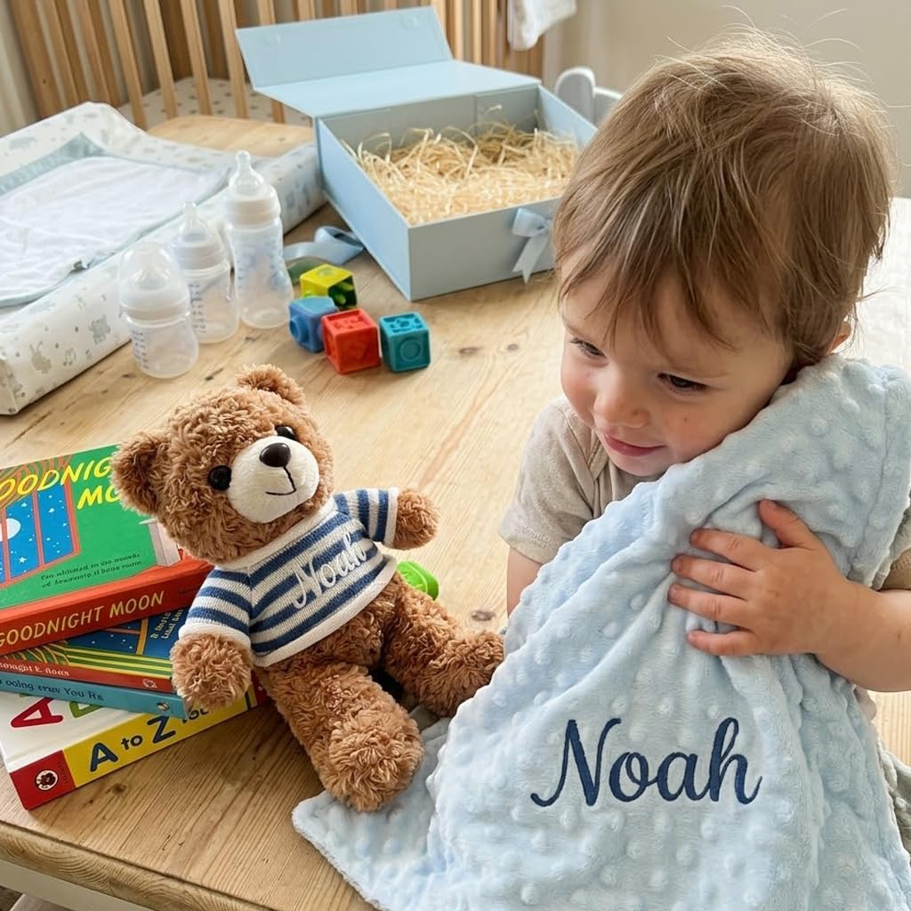 Personalized Baby Blanket with Bear Set, Custom Baby Blanket with Name, Custom Blankets & Teddy Bear Gift Set for Toddlers Boys Girls, Flannel Dot Swaddle for Birthday