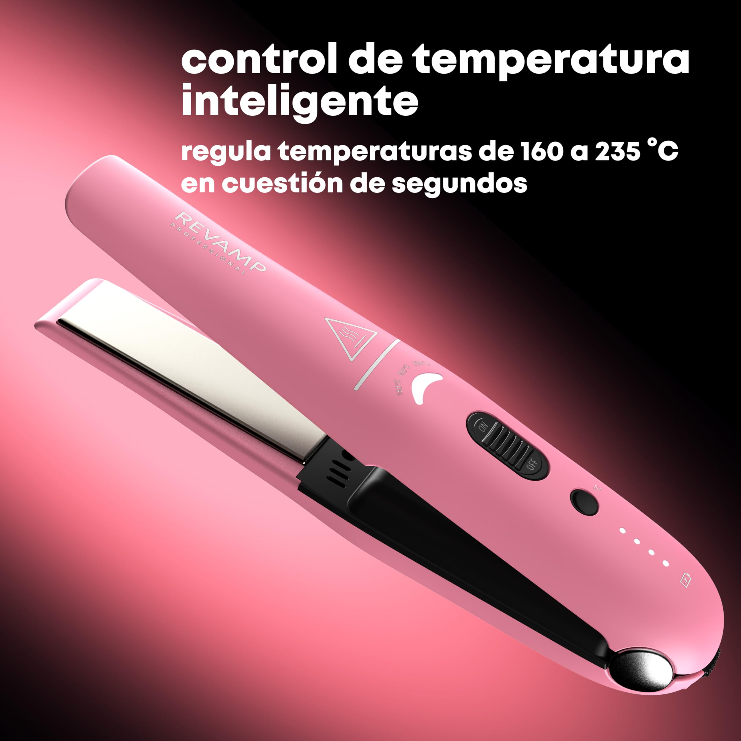 REVAMP Plancha de Pelo Inalámbrica Compacta Liberate de Cerámica - Plancha de Pelo Recargable, Plancha Portátil para Alisar, Rizar y Ondular - Rosa