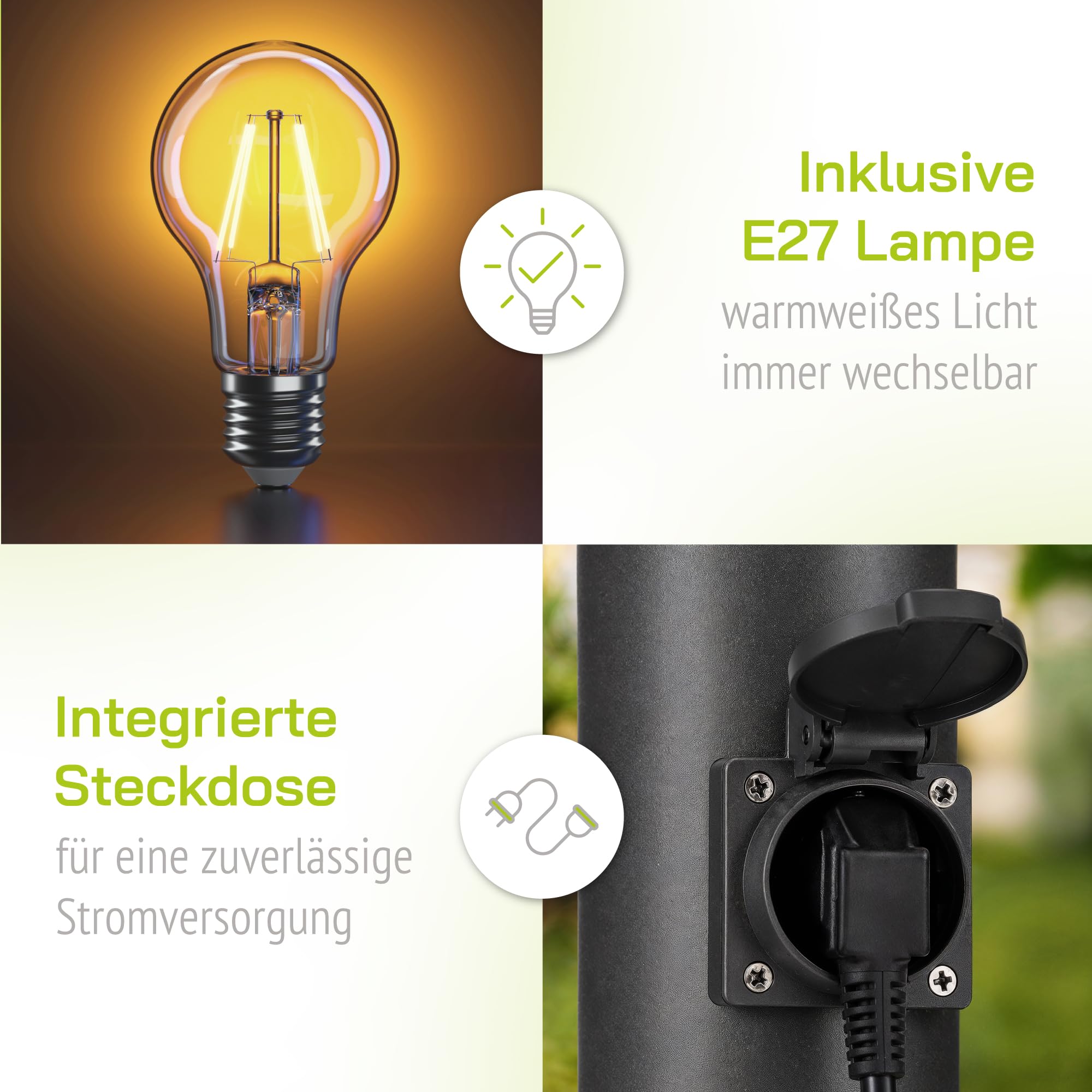 linovum BOSEA-S Pollerleuchte 2er Set anthrazit 50cm E27 mit Steckdose IP44
