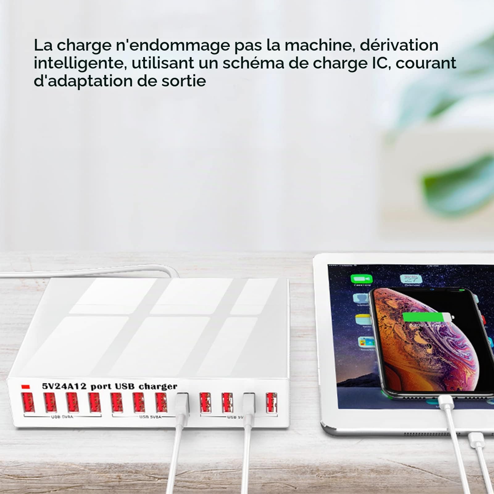 CCYLEZ Station de charge USB, Hub de charge USB à 12 ports avec voyant LED et charge rapide, prise de 120 W, prise de reconnaissance automatique, pour téléphone intelligent (prise UE)