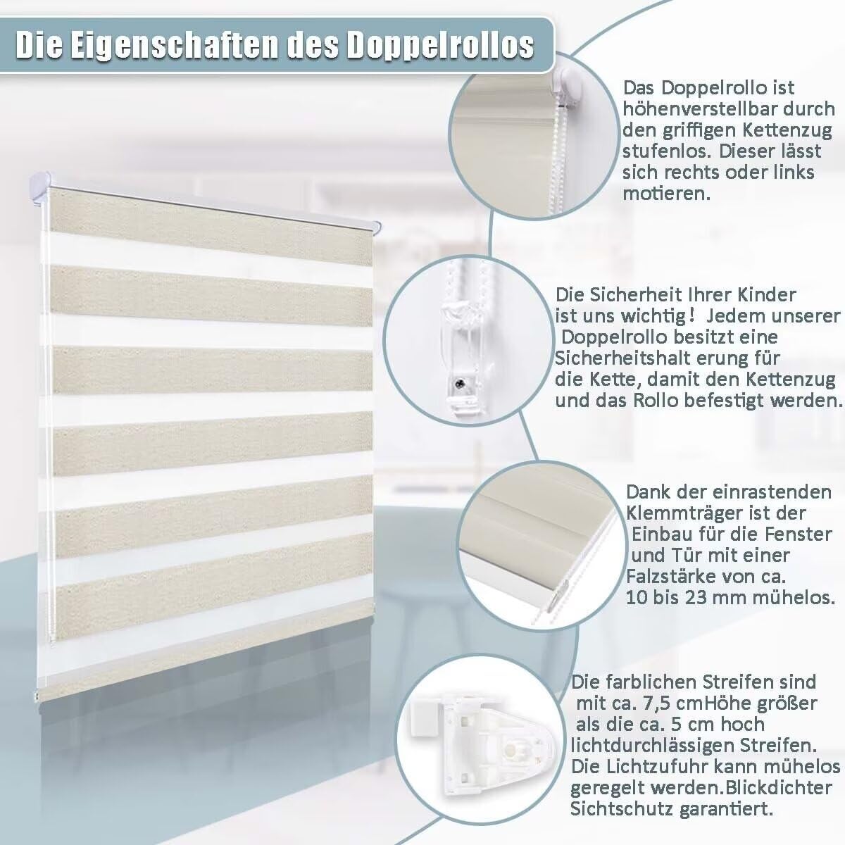 Doppelrollo Klemmfix ohne Bohren 120x170cm(BxH) Holzlook Buche,Rollo mit Lichtdurchlässig und Verdunkelnd/Höhe Stufenlos Verstellbar für Schlafzimmer,Badezimmer,Wohnzimmer Fenster und Tür