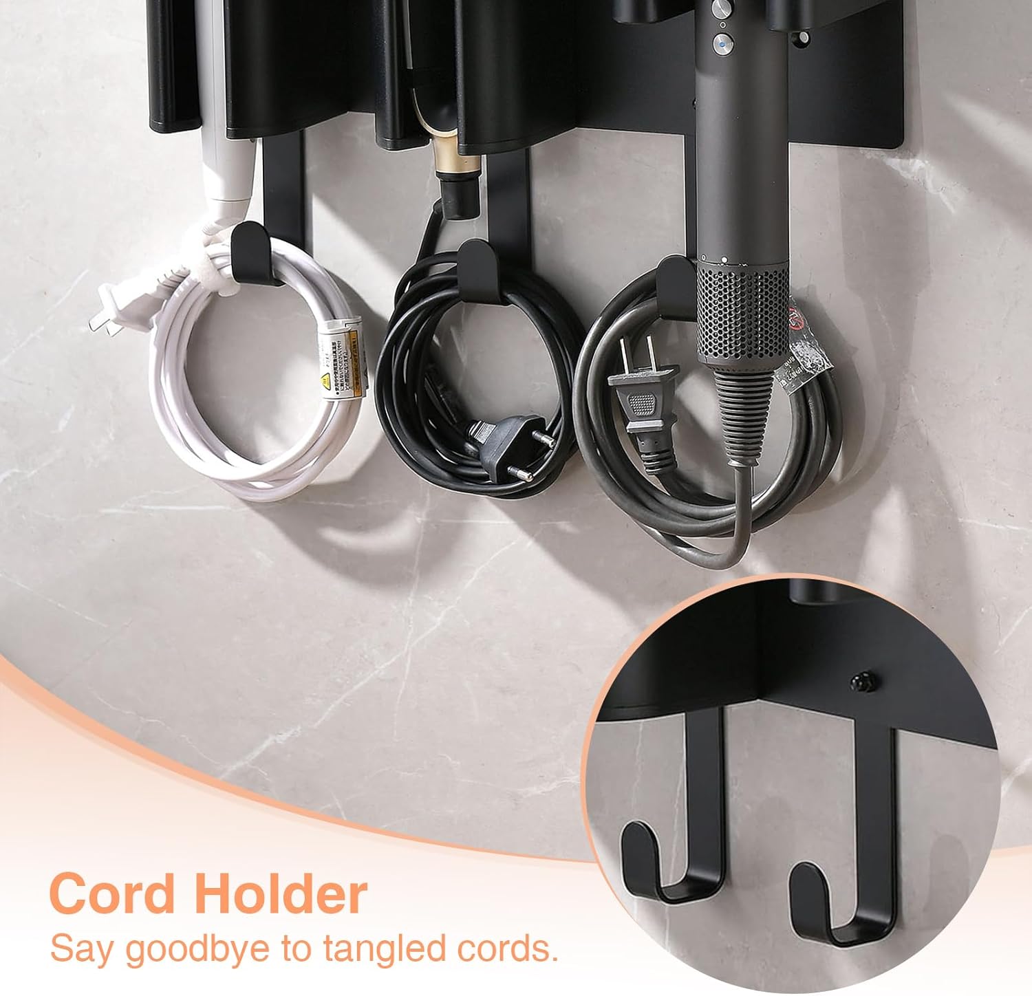 Hair Tool Organizer Wall Mount, Hair Dryer Curling iron Organizer, Flat Iron Straightener Holder, Aluminum Alloy & ABS plastic, Black and Gold (Not Including Hair Tools)