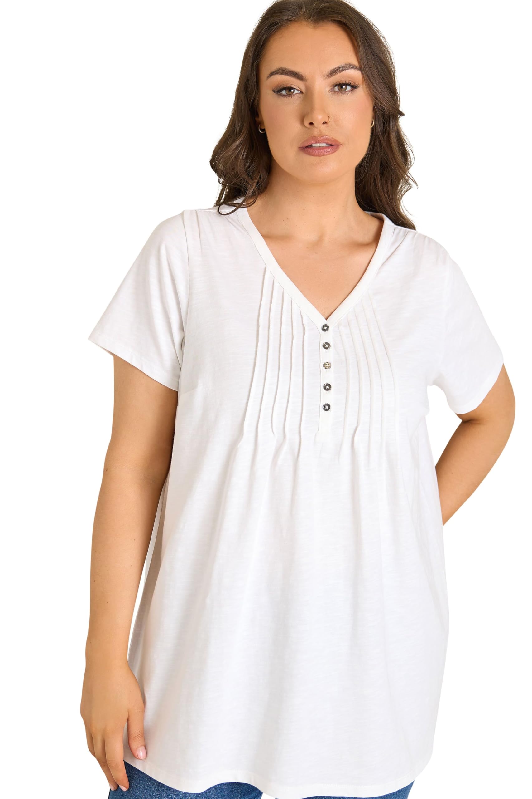 Evans Women's White Curve Short Sleeve Cotton Henley Top - Plus Size Curve