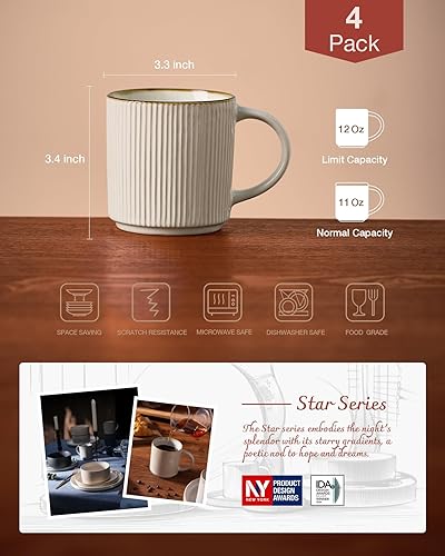 Miniatura 4 de famiware Star - Juego de tazas de café para 4 unidades, 12 onzas, con asa, para café, té, cacao, leche, cerámica, color blanco