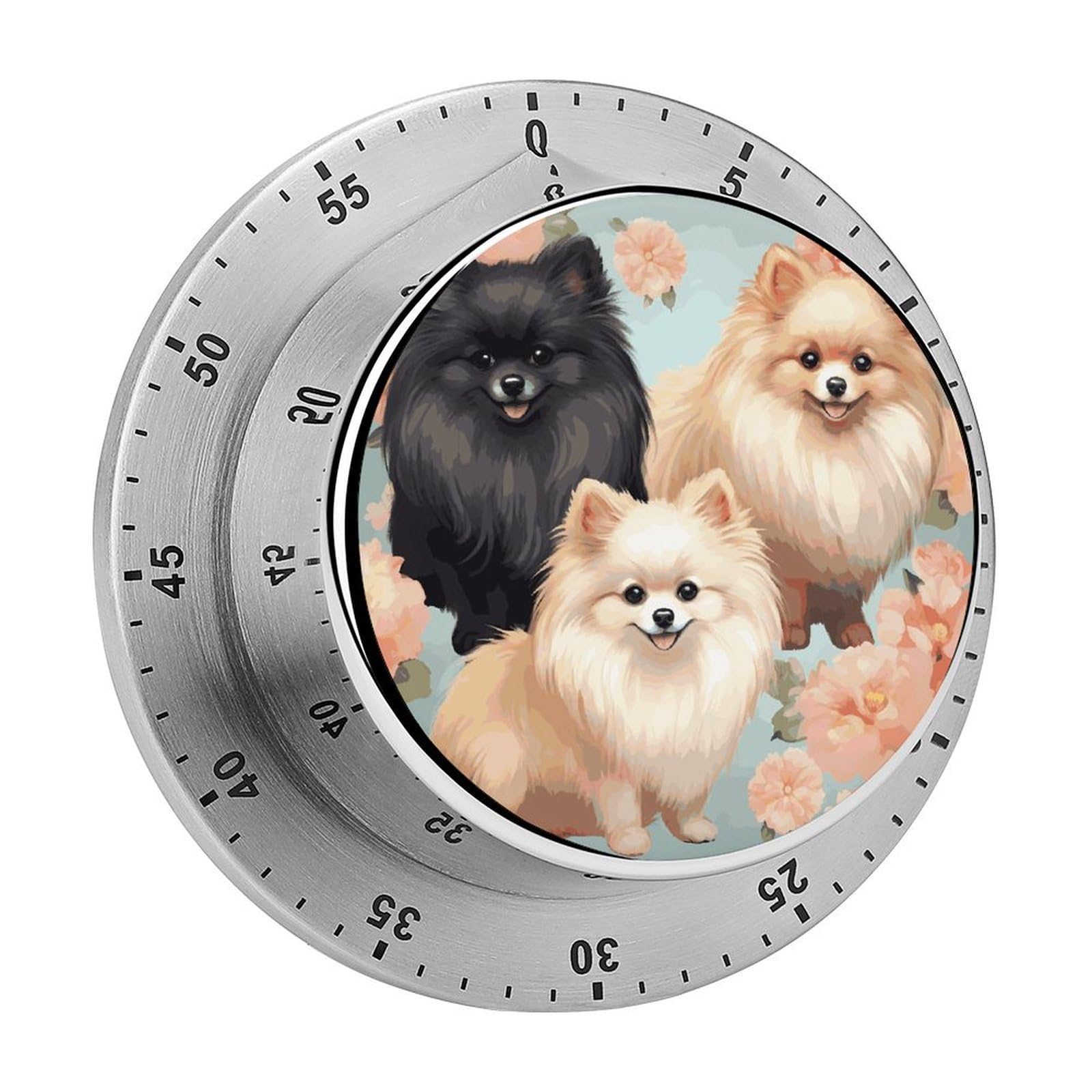 Pomeranians Pattern Mechanical Kitchen Timer 60 Minute Wind Up Magnetic Timer Heavy Duty Stainless Steel Egg with Loud Alarm Manual Countdown Clock for Cooking, Office, Gym