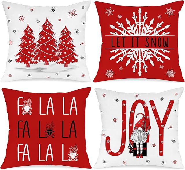Lanpn Christmas Cushion Covers 45x45 Set of 4, Merry Christmas Xmas Winter Decorative Holiday Throw Pillow Cases 18x18 for Outdoor Indoor Farmhouse Home House Room Couch Decor (Red)