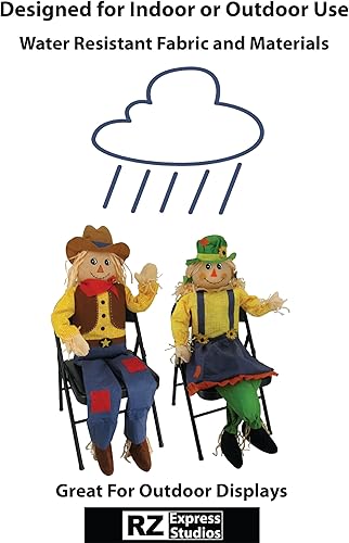 Miniatura 3 de 61" Par de espantapájaros sentados vaquero y niña otoño al aire libre decoración