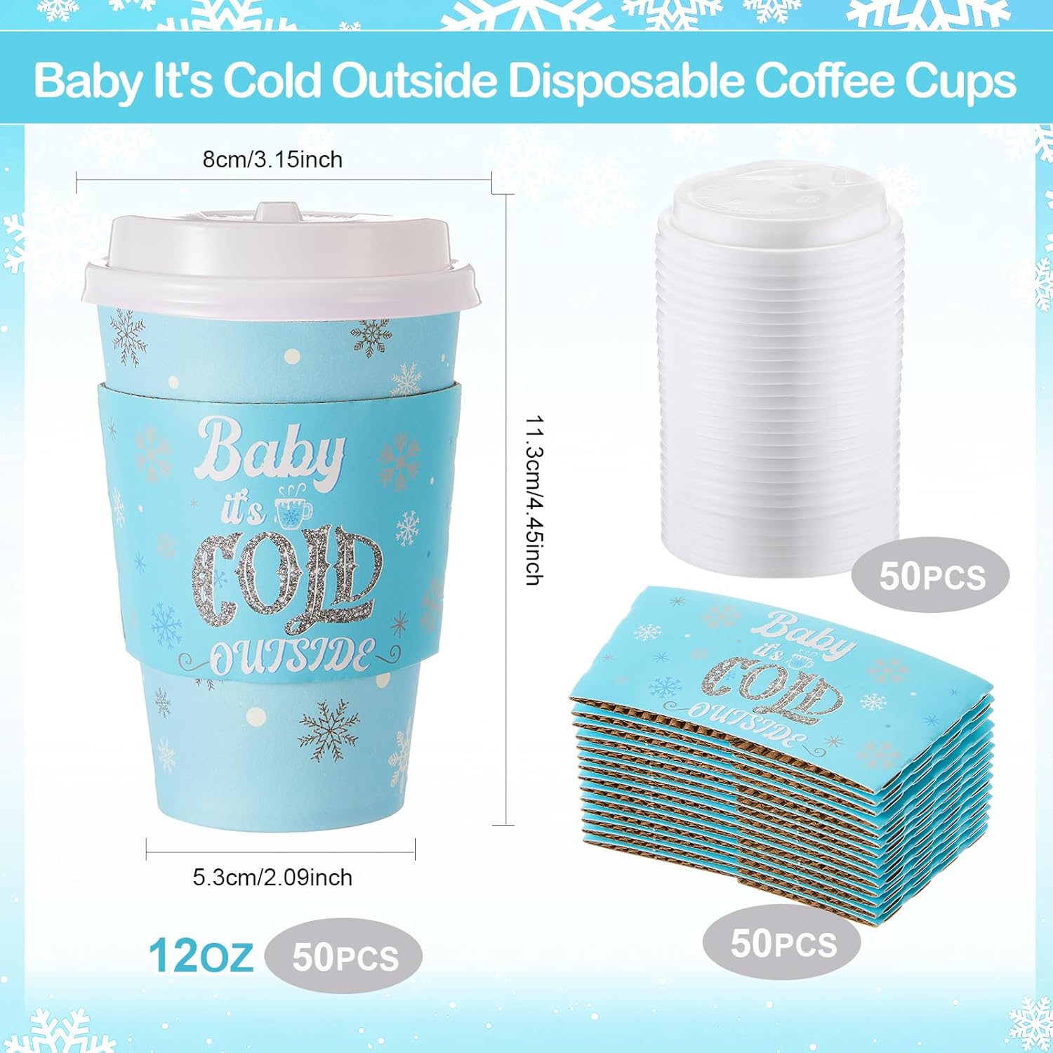 Pickmesh 50 Sets 12oz Winter Baby Shower Party Coffee Cup Sets, Baby It's Cold Outside Snowflake Hot Cocoa Bar Paper Cups with Lids, Sleeves Stirrers for Christmas Birthday Decor