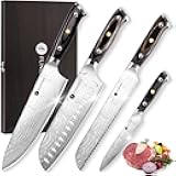 4 Pieces Professional Kitchen Knife Set, Damascus German Stainless Steel Chef Knife Set With Wooden Box, 8