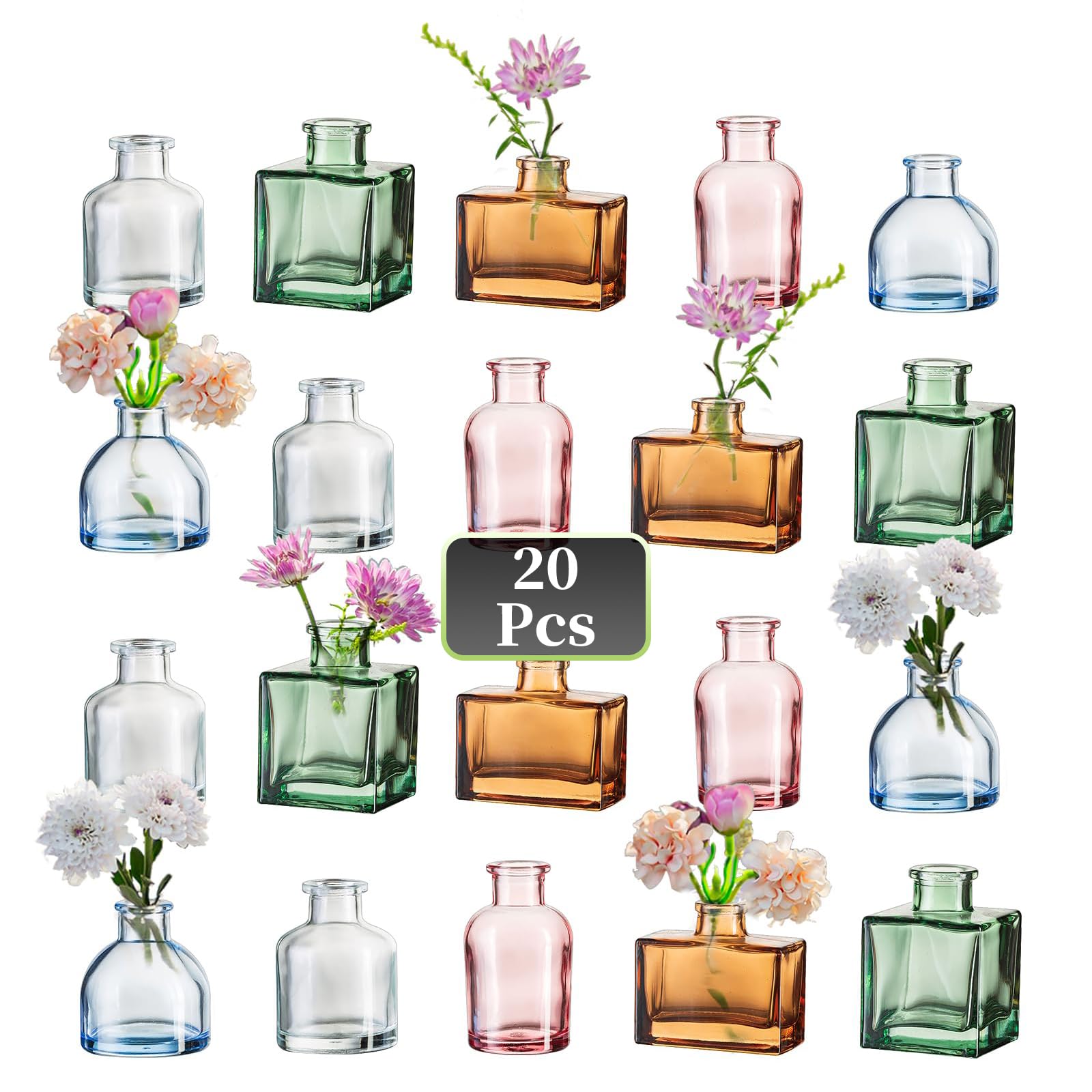 Hewory Kleine Vasen für Tischdeko: 20er Bunt Mini Vasen Set Verschiedene Deko Vase Glas, Kleine Glasvasen Mini Glasflaschen Vasen Deko, Kleine Blumenvasen für Hochzeitsdeko Party Deko Wohnzimmer