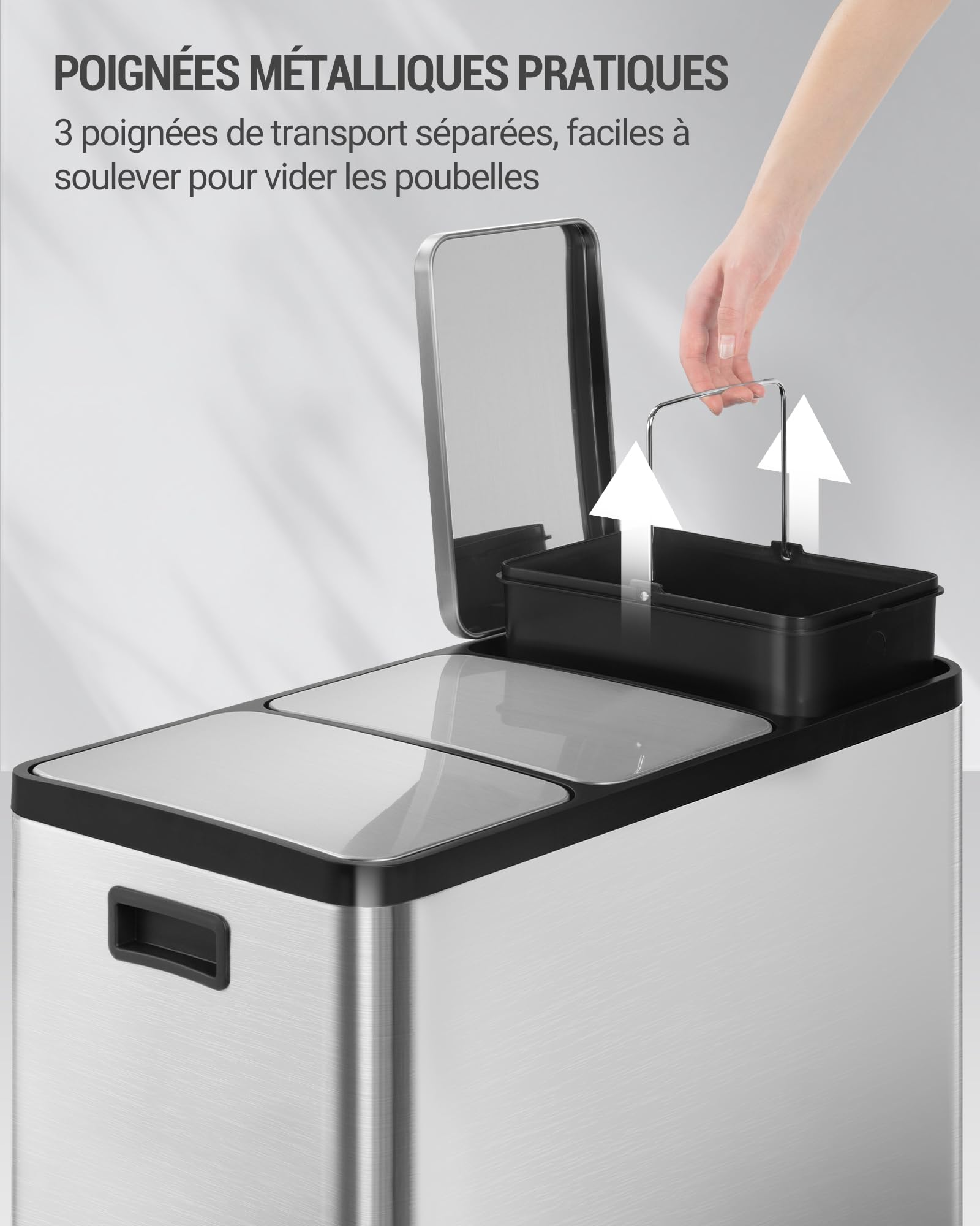 Hzuaneri Poubelle Cuisine, 45L (3 x 15L), Poubelle Tri Selectif 3, Poubelles Tri avec Pédales à code couleur, Ilencieux et retombe lentement, avec 15 Sacs Poubelles, pour Cuisine, Argent SW04599E